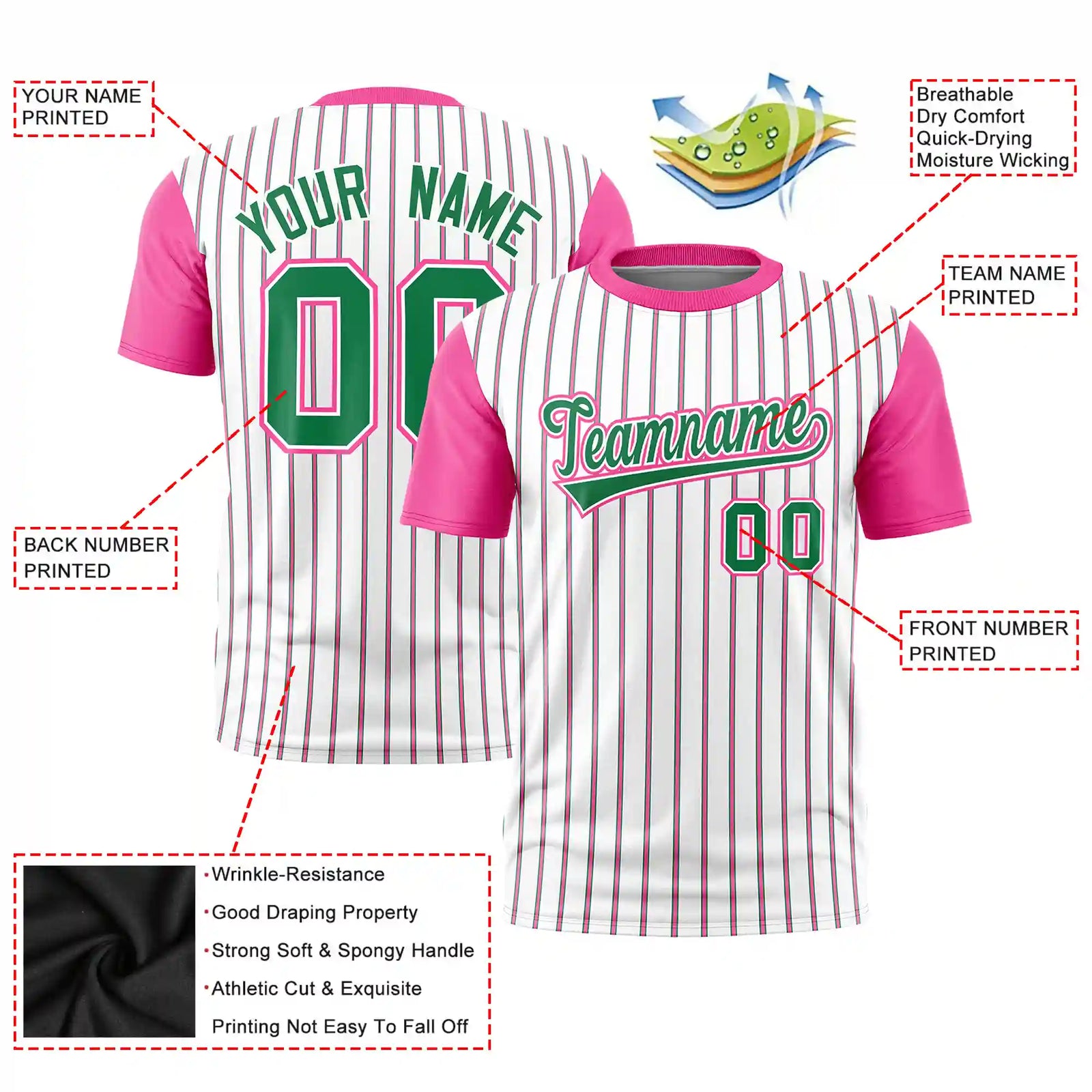 Custom White Kelly Green-Pink Pinstripe Pattern Design Performance T-Shirt