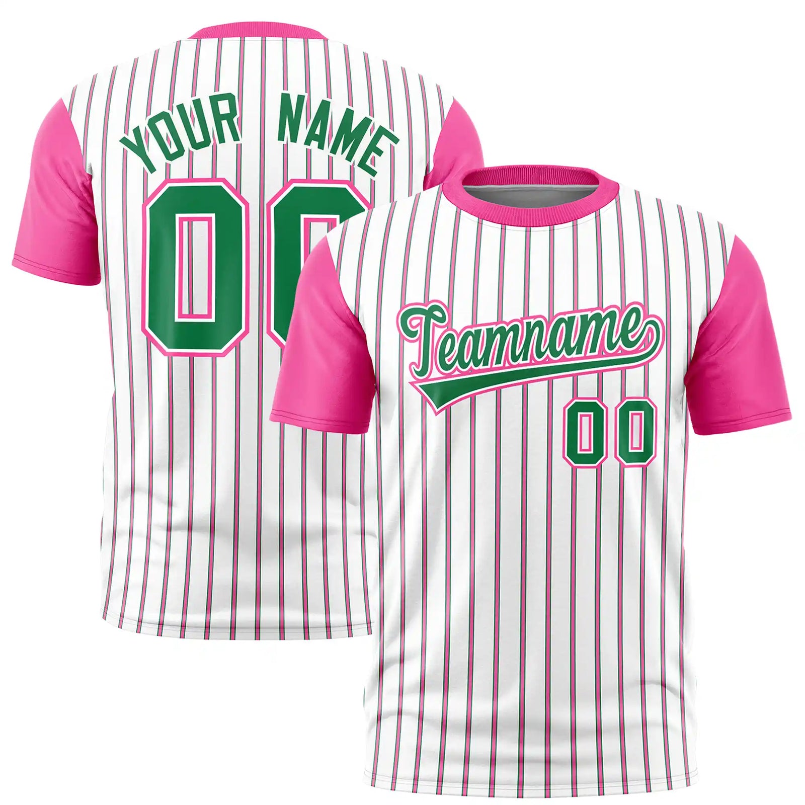 Custom White Kelly Green-Pink Pinstripe Pattern Design Performance T-Shirt