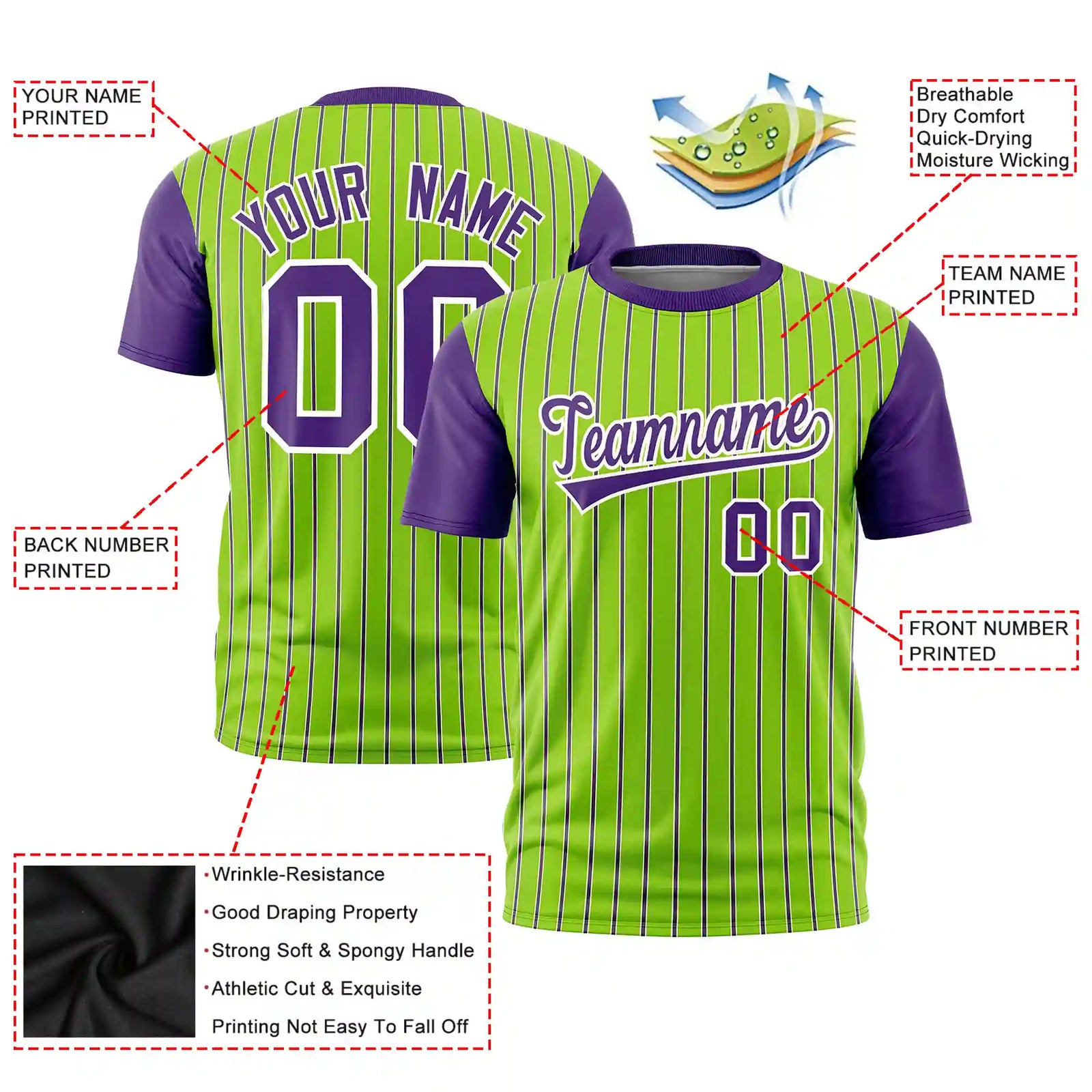 Custom Neon Green White-Purple Pinstripe Pattern Design Performance T-Shirt