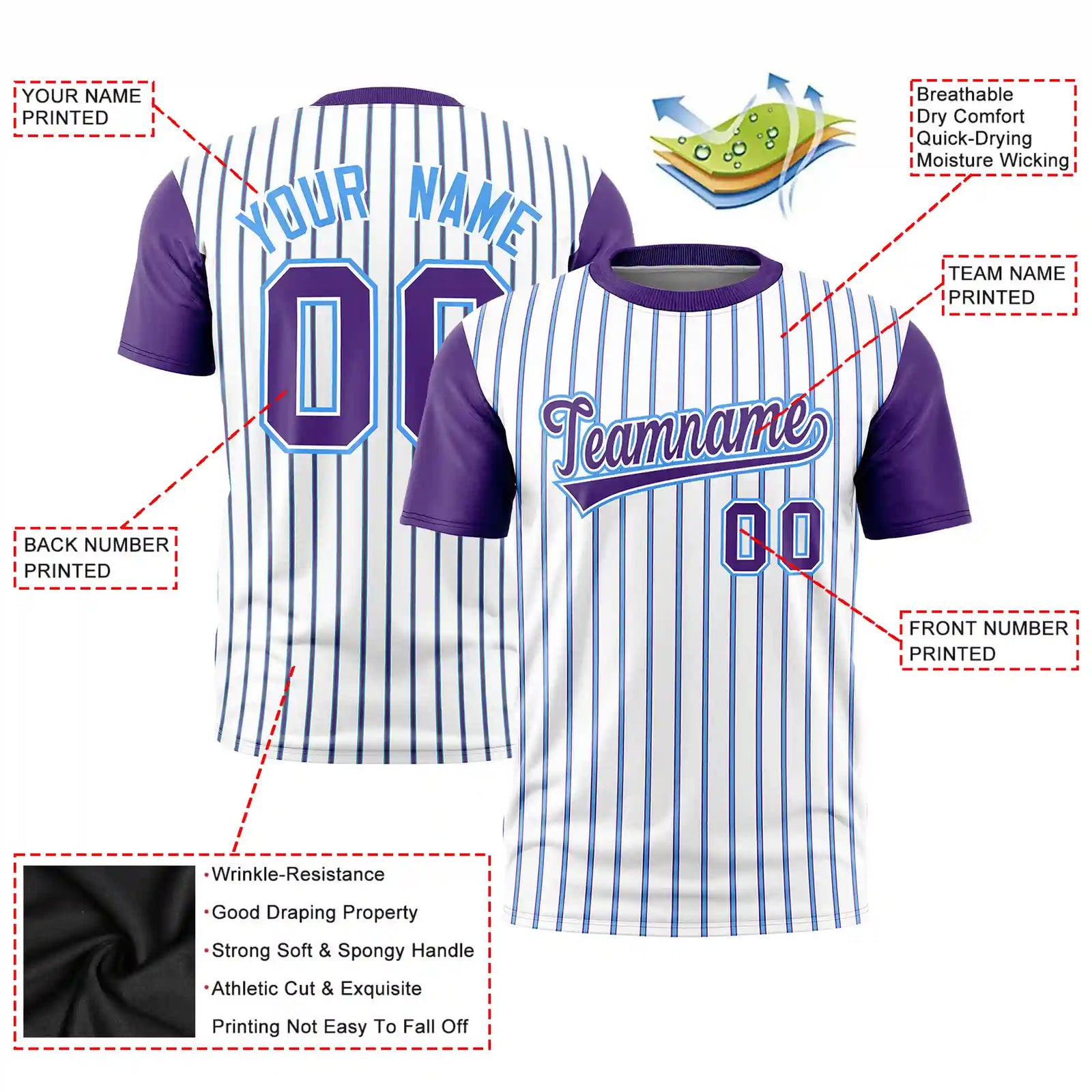 Custom White Powder Blue-Purple Pinstripe Pattern Design Performance T-Shirt