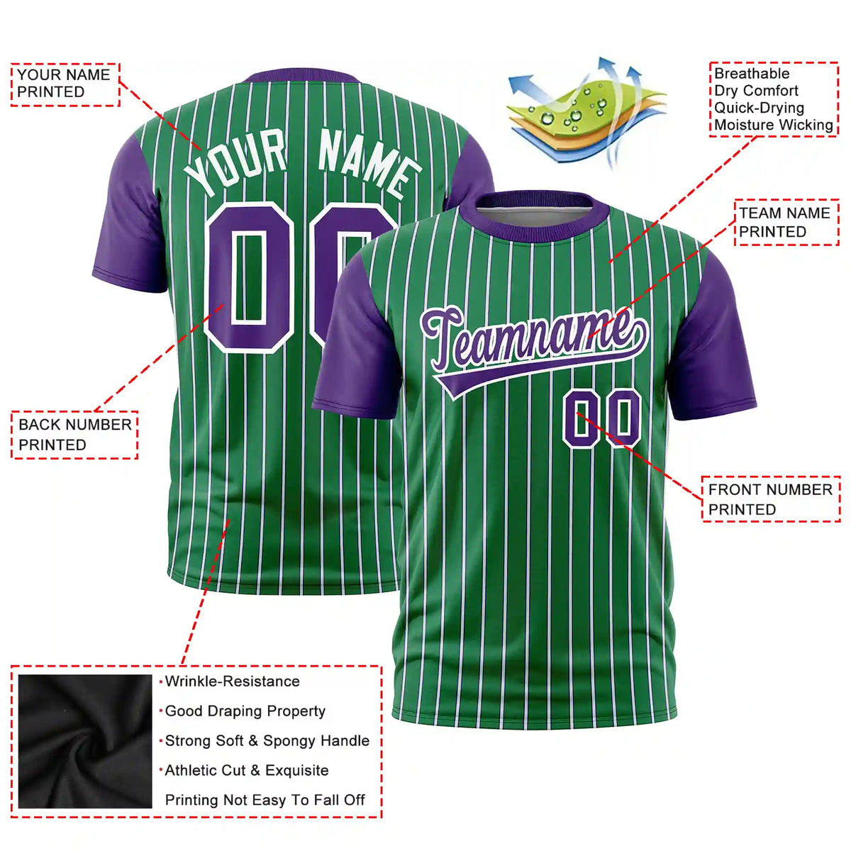 Custom Kelly Green White-Purple Pinstripe Pattern Design Performance T-Shirt