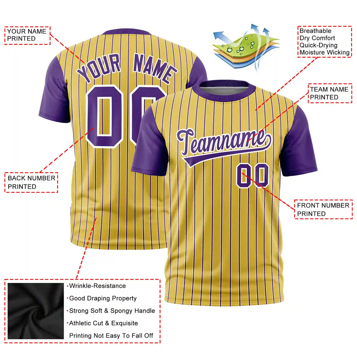 Custom Old Gold White-Purple Pinstripe Pattern Design Performance T-Shirt