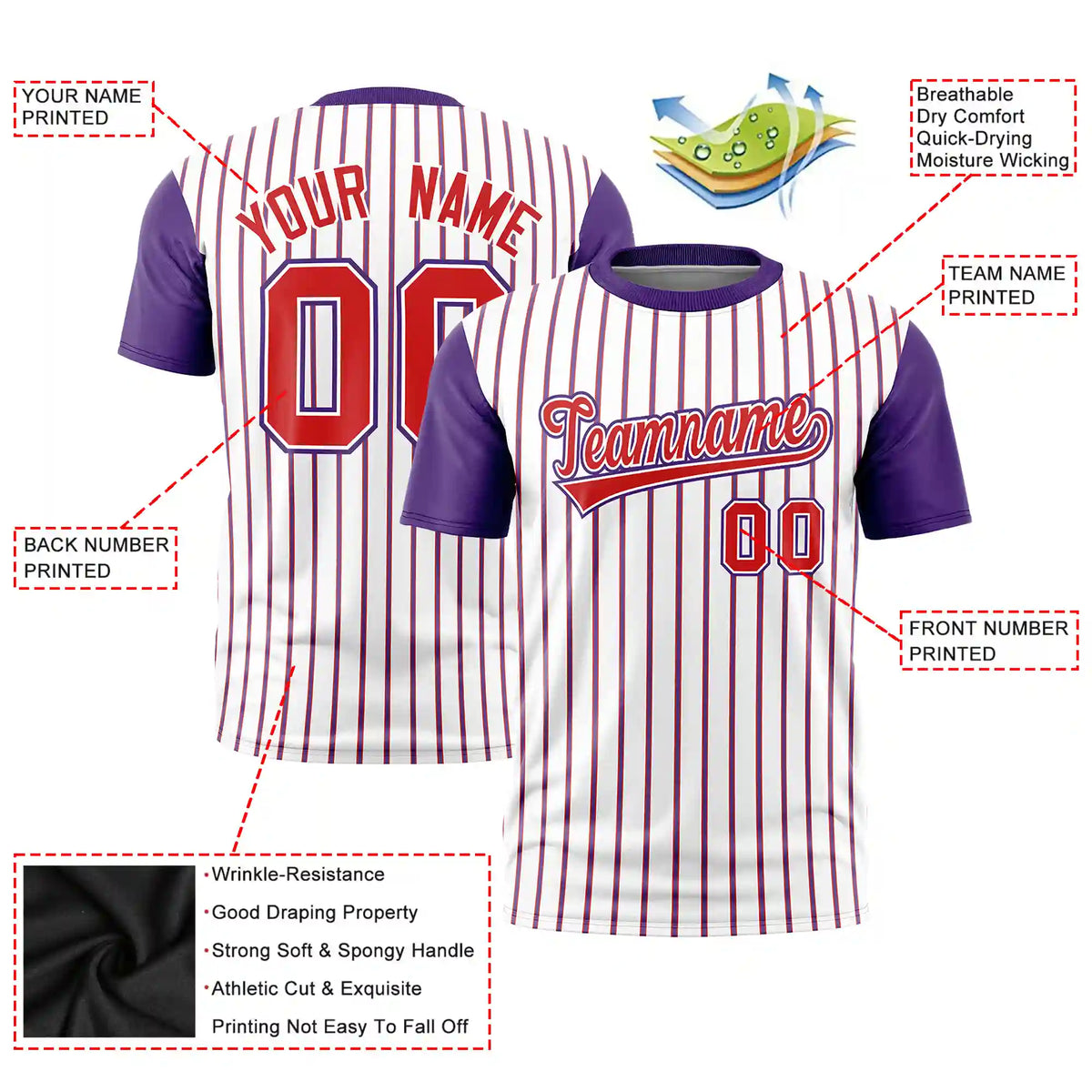 Custom White Red-Purple Pinstripe Pattern Design Performance T-Shirt