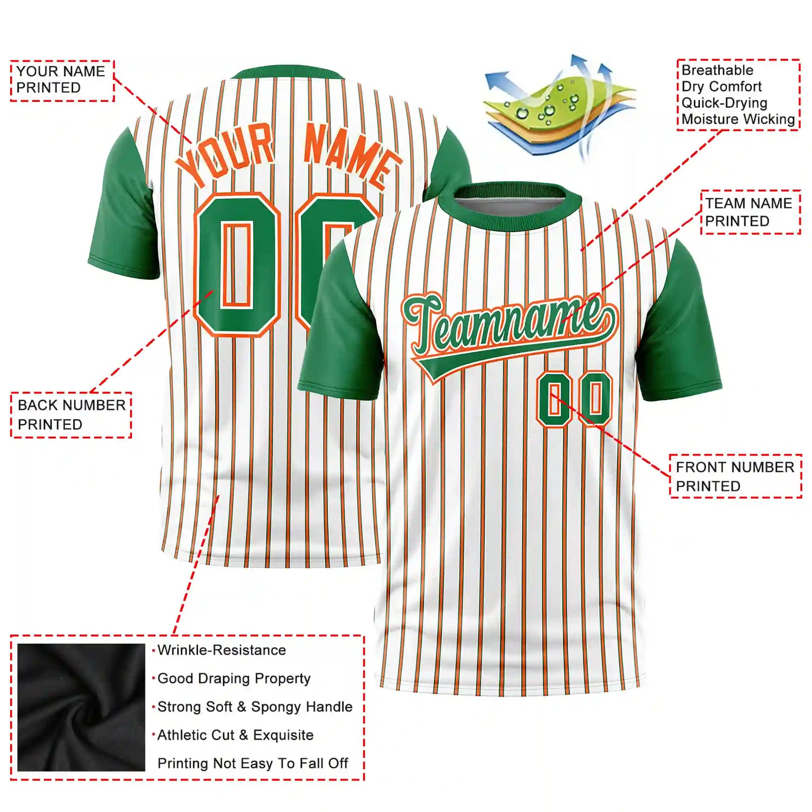 Custom White Orange-Kelly Green Pinstripe Pattern Design Performance T-Shirt