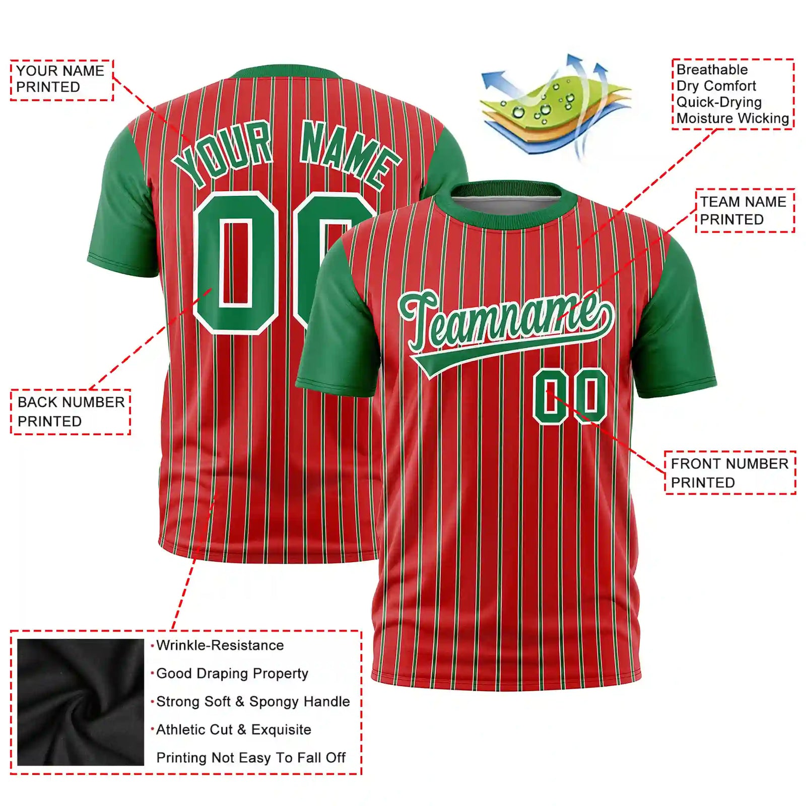 Custom Red White-Kelly Green Pinstripe Pattern Design Performance T-Shirt