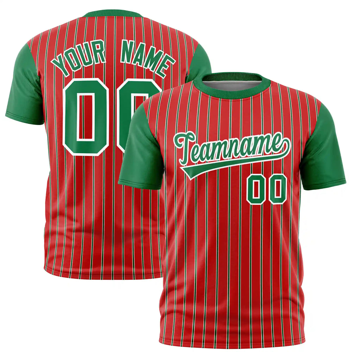 Custom Red White-Kelly Green Pinstripe Pattern Design Performance T-Shirt
