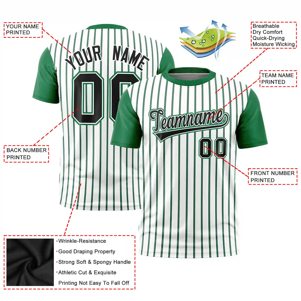 Custom White Black-Kelly Green Pinstripe Pattern Design Performance T-Shirt