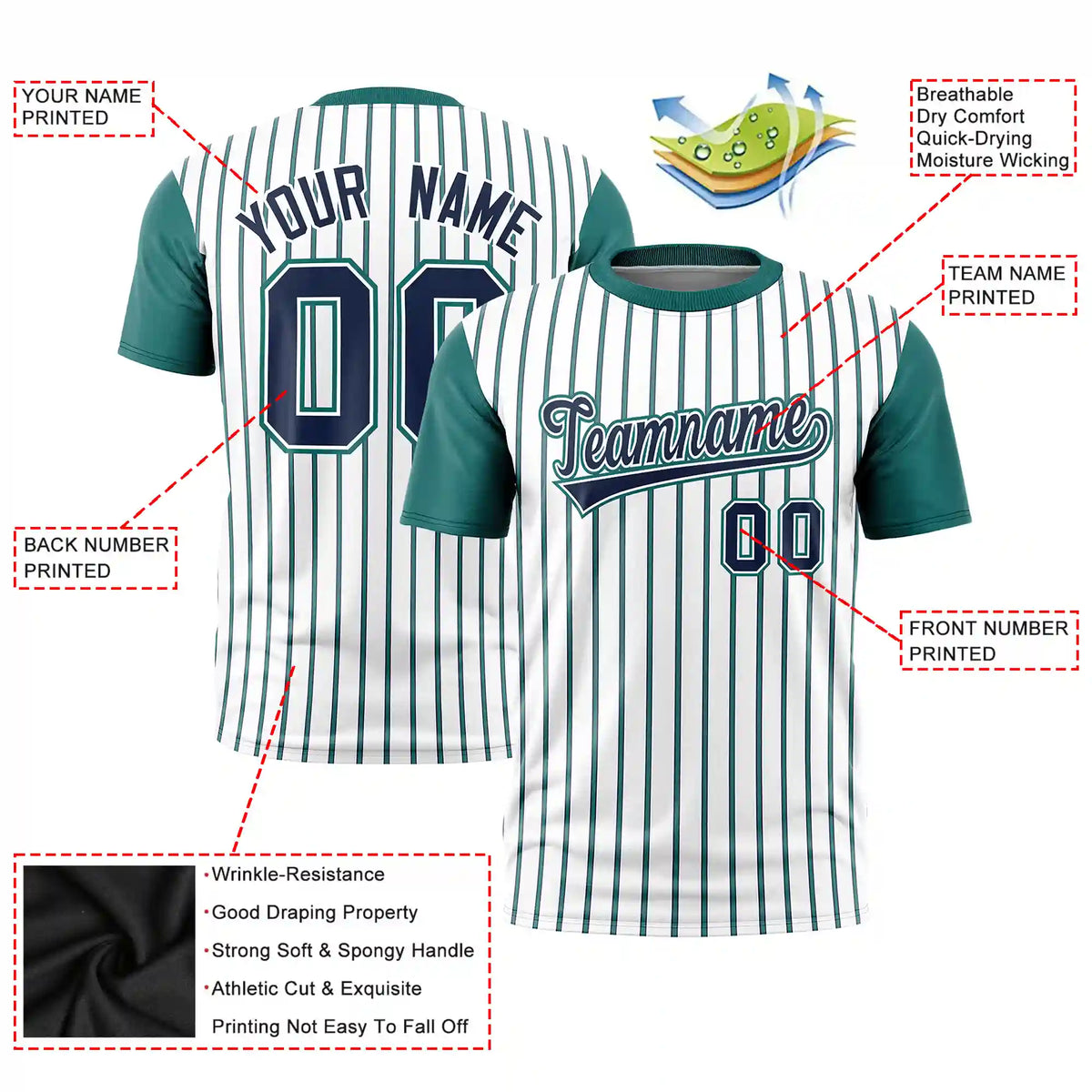 Custom White Navy-Aqua Pinstripe Pattern Design Performance T-Shirt