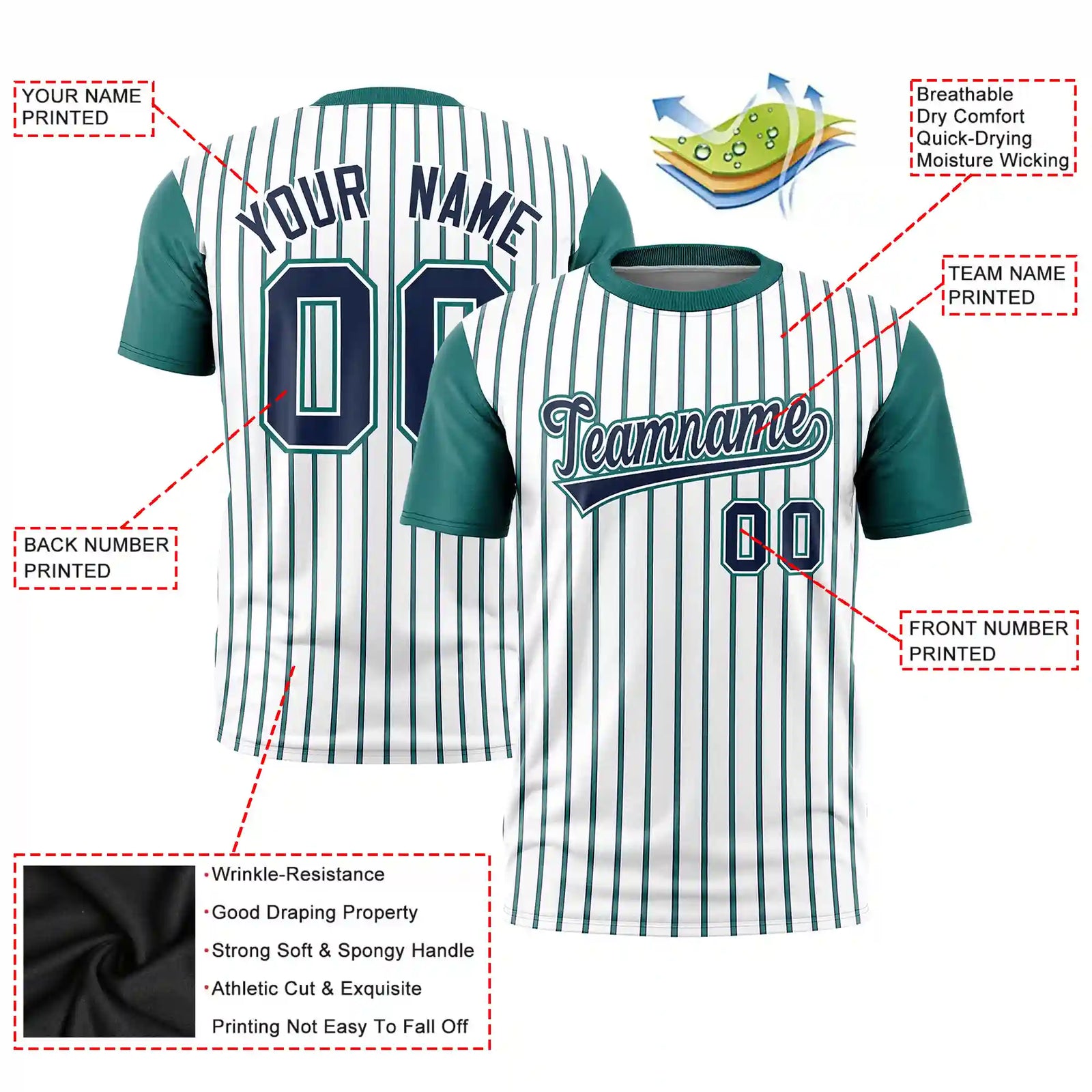Custom White Navy-Aqua Pinstripe Pattern Design Performance T-Shirt