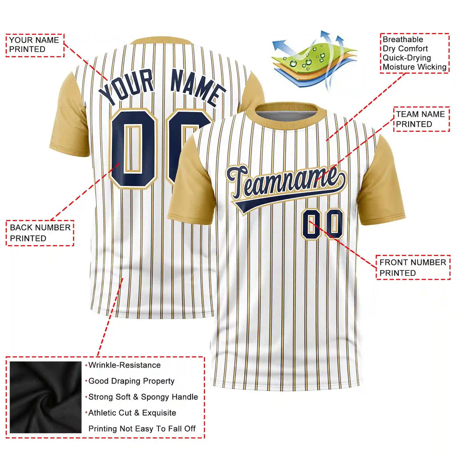 Custom White Navy-Khaki Pinstripe Pattern Design Performance T-Shirt