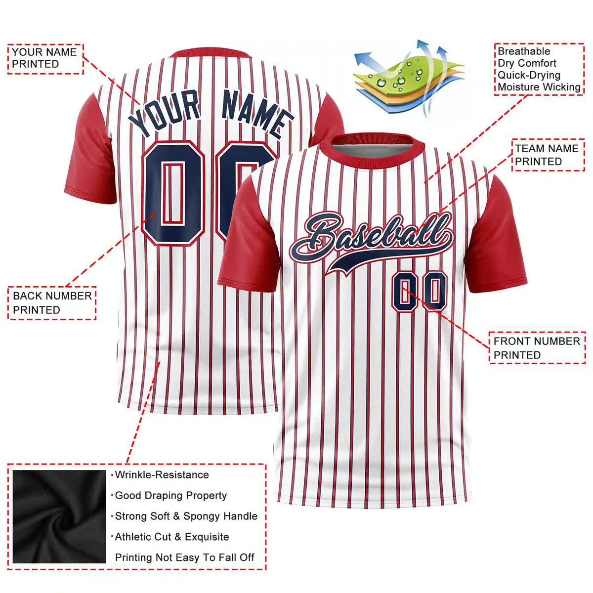 Custom White Navy-Red Pinstripe Pattern Design Performance T-Shirt