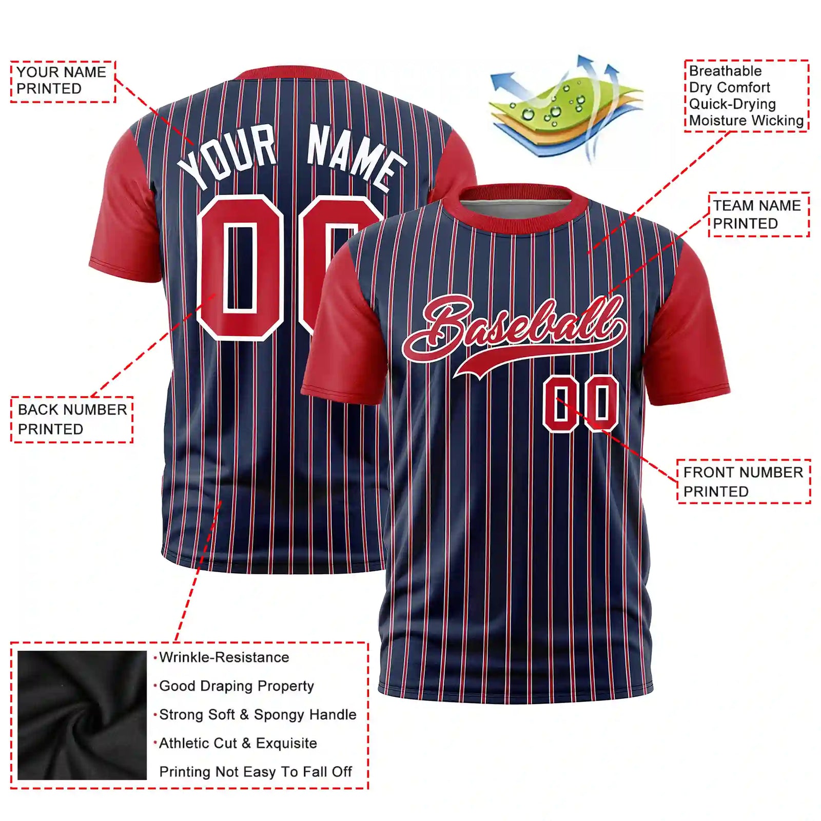 Custom Navy White-Red Pinstripe Pattern Design Performance T-Shirt