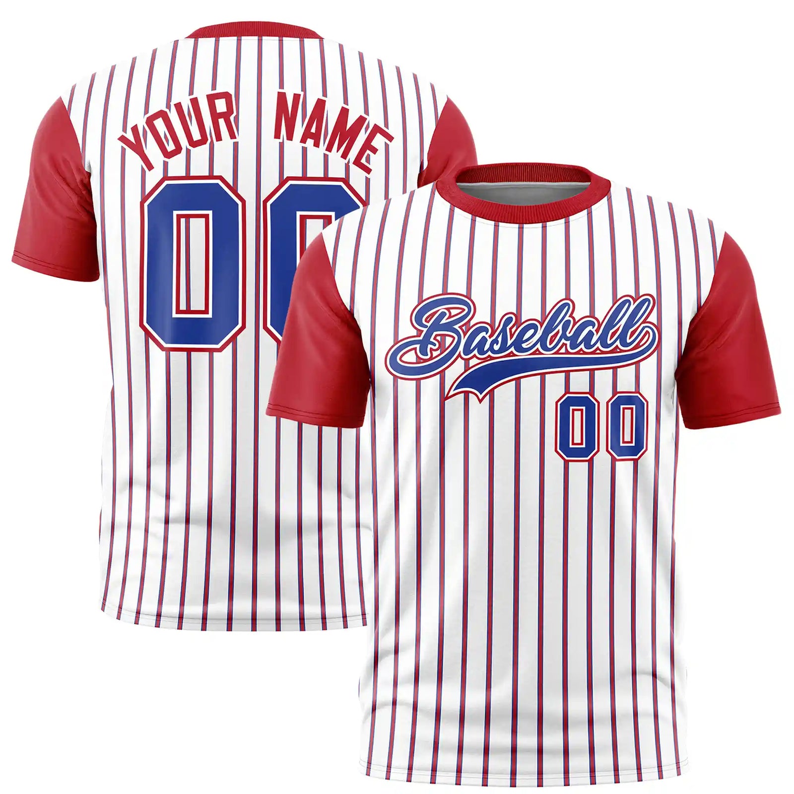 Custom White Royal Blue-Red Pinstripe Pattern Design Performance T-Shirt