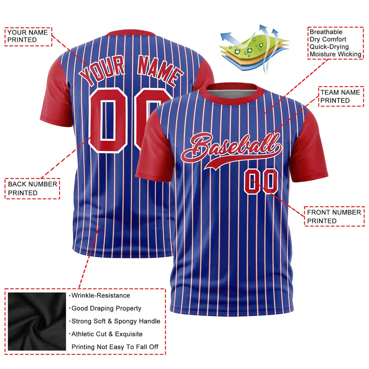 Custom Royal Blue White-Red Pinstripe Pattern Design Performance T-Shirt