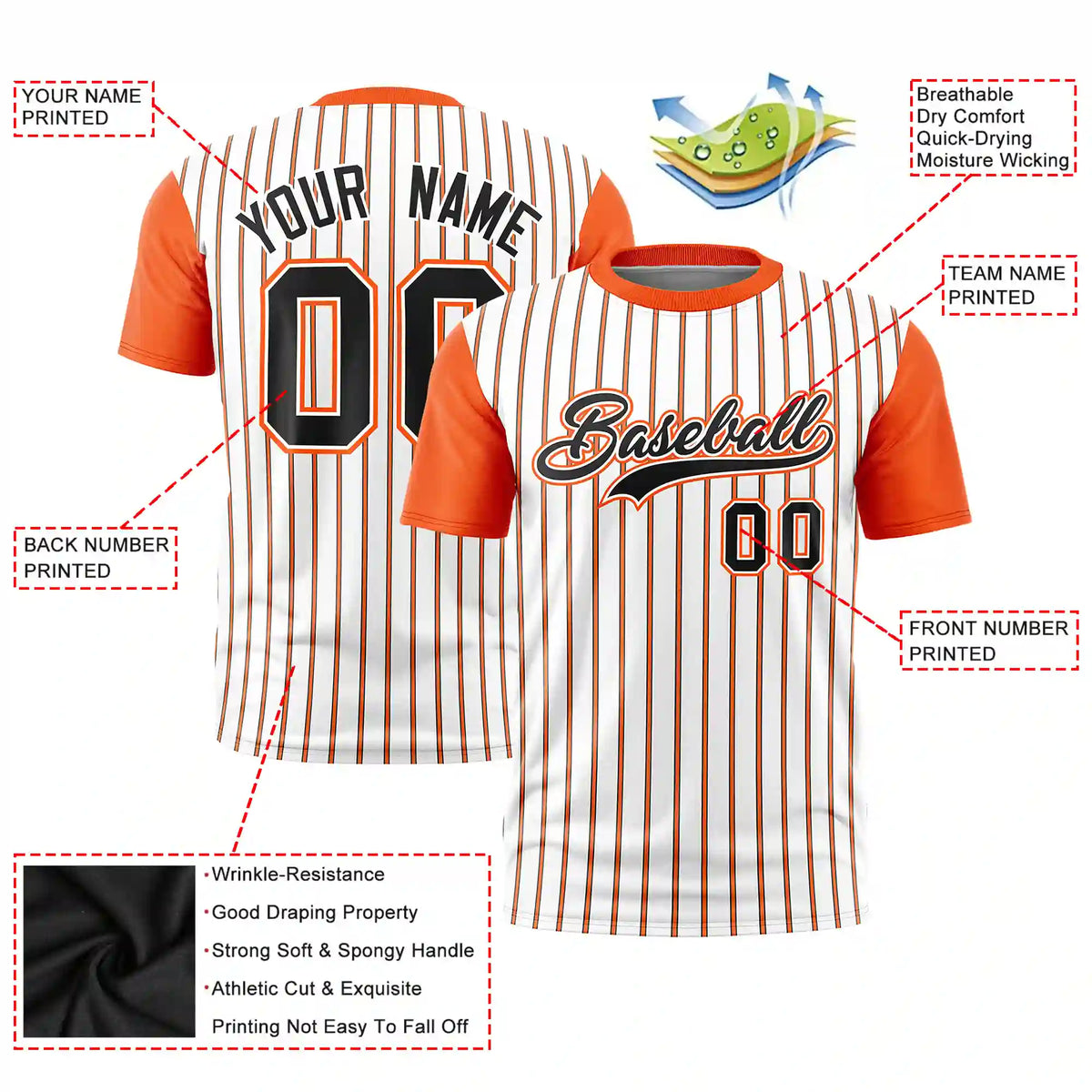 Custom White Black-Orange Pinstripe Pattern Design Performance T-Shirt