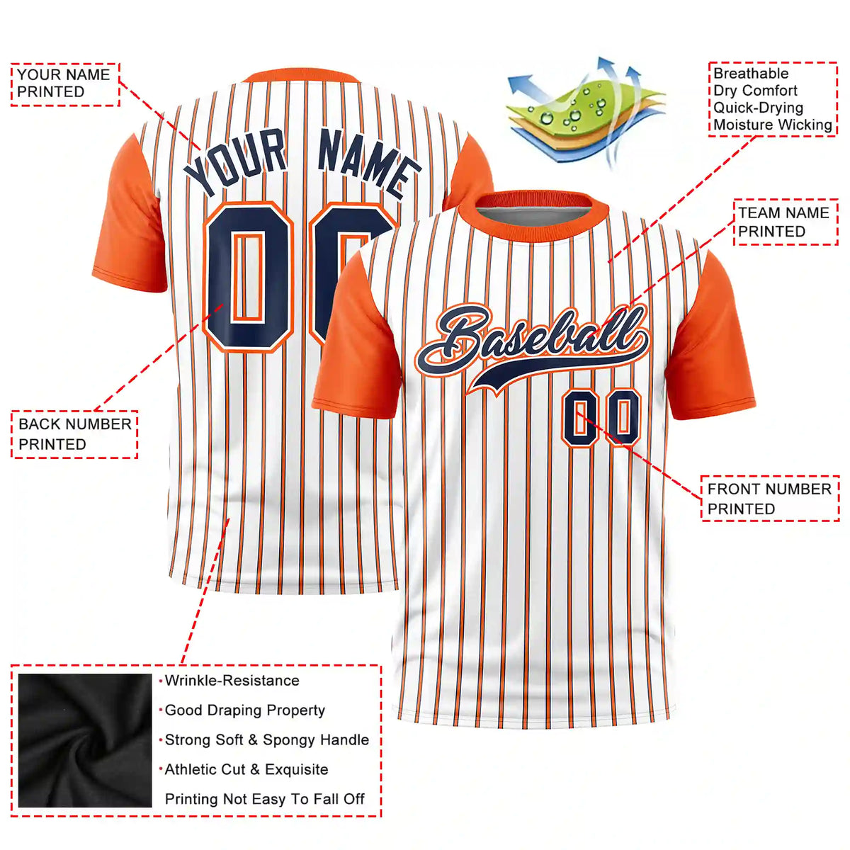 Custom White Navy-Orange Pinstripe Pattern Design Performance T-Shirt