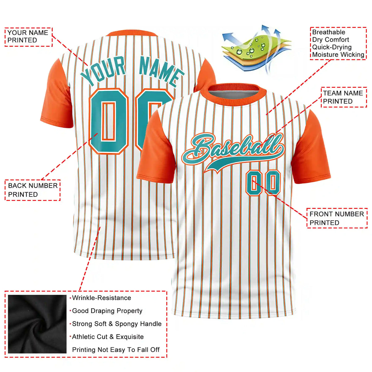 Custom White Aqua-Orange Pinstripe Pattern Design Performance T-Shirt