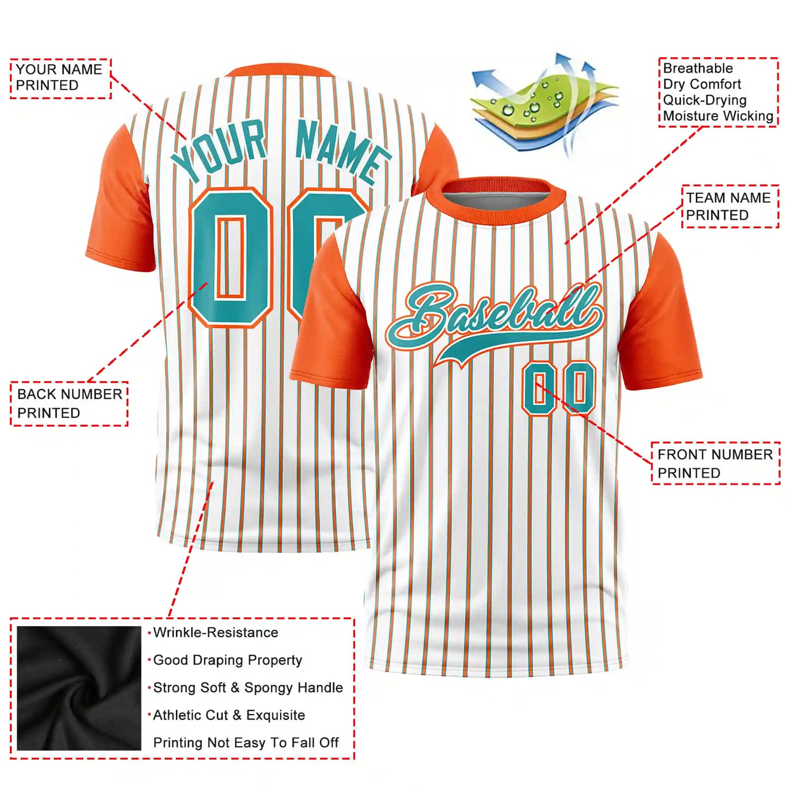 Custom White Aqua-Orange Pinstripe Pattern Design Performance T-Shirt