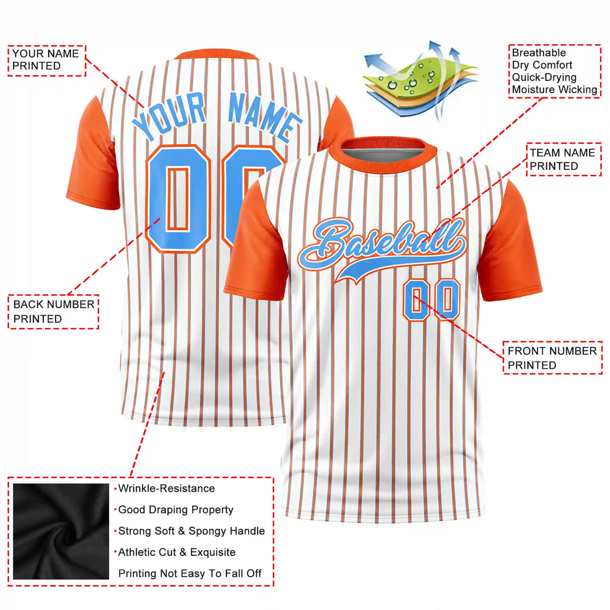 Custom White Powder Blue-Orange Pinstripe Pattern Design Performance T-Shirt