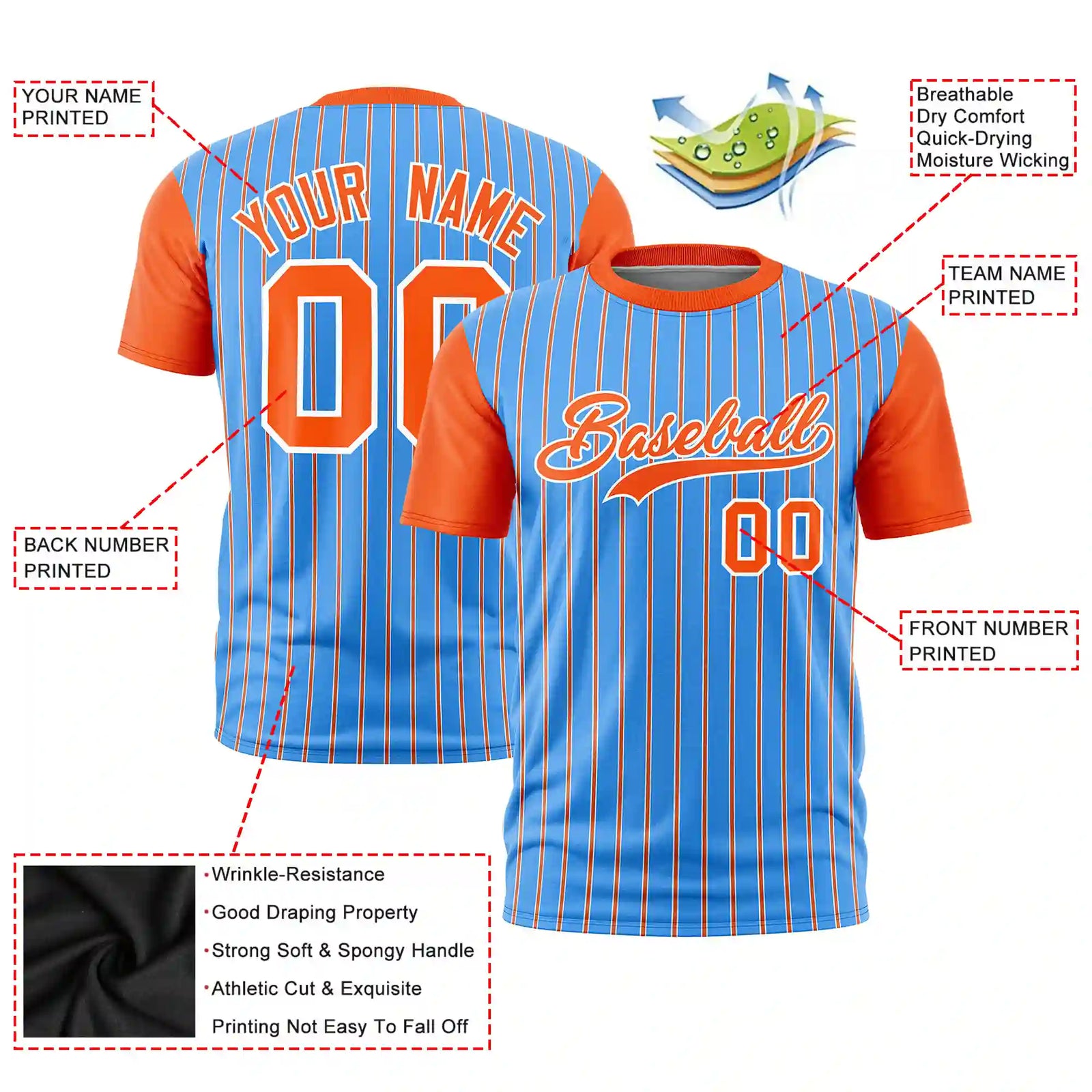 Custom Powder Blue White-Orange Pinstripe Pattern Design Performance T-Shirt