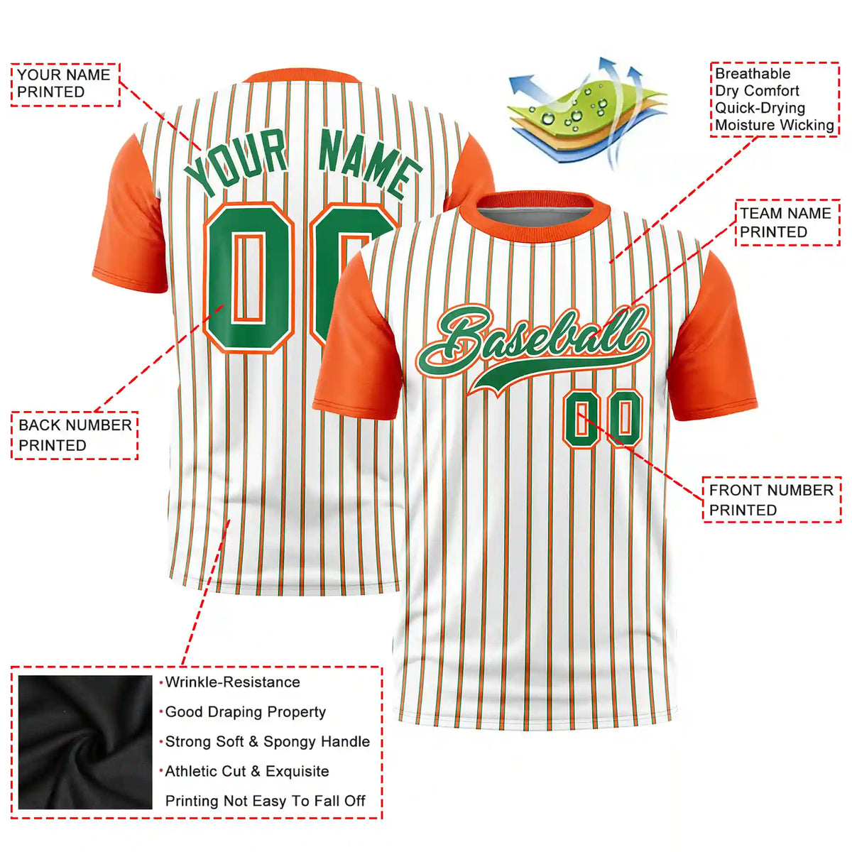 Custom White Kelly Green-Orange Pinstripe Pattern Design Performance T-Shirt