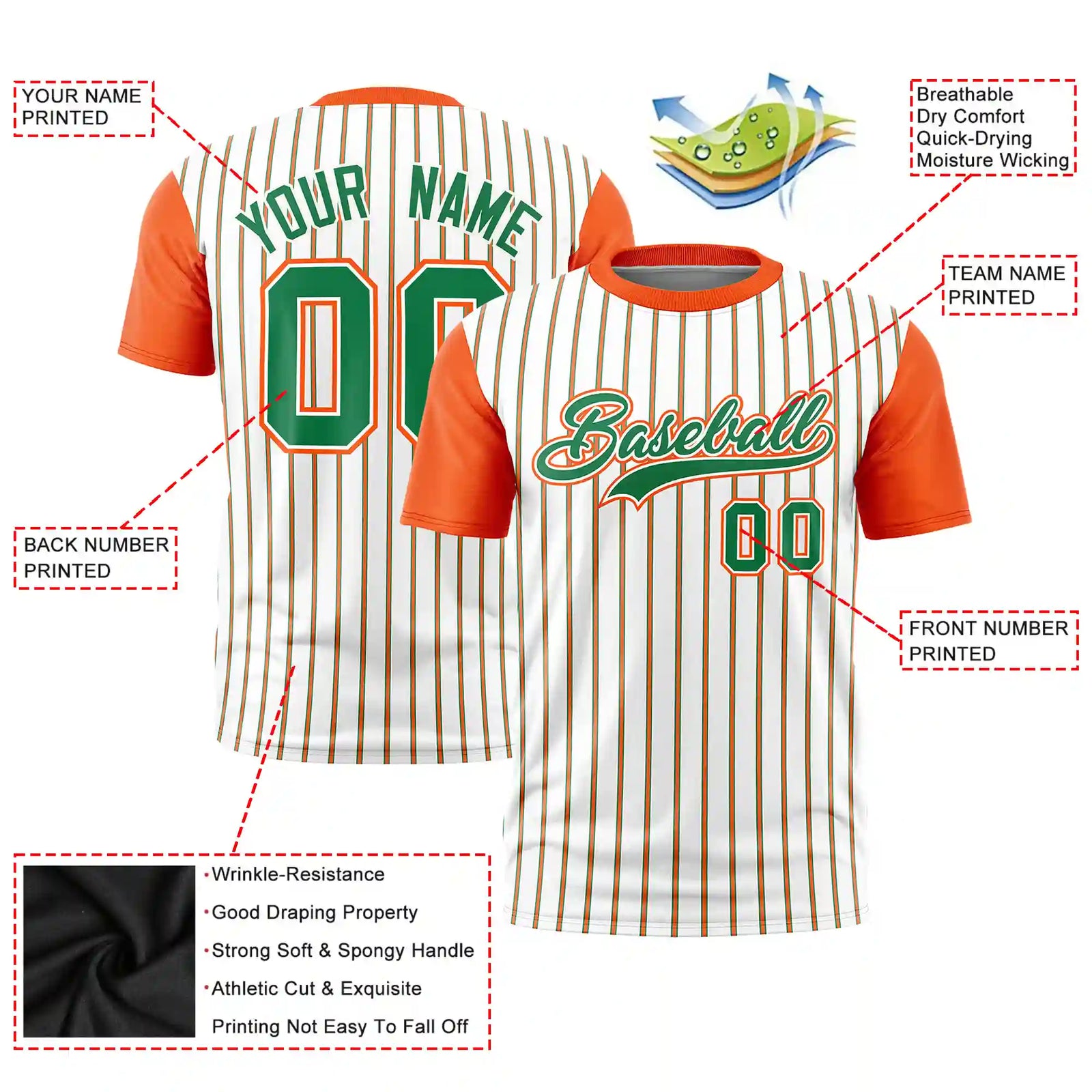 Custom White Kelly Green-Orange Pinstripe Pattern Design Performance T-Shirt
