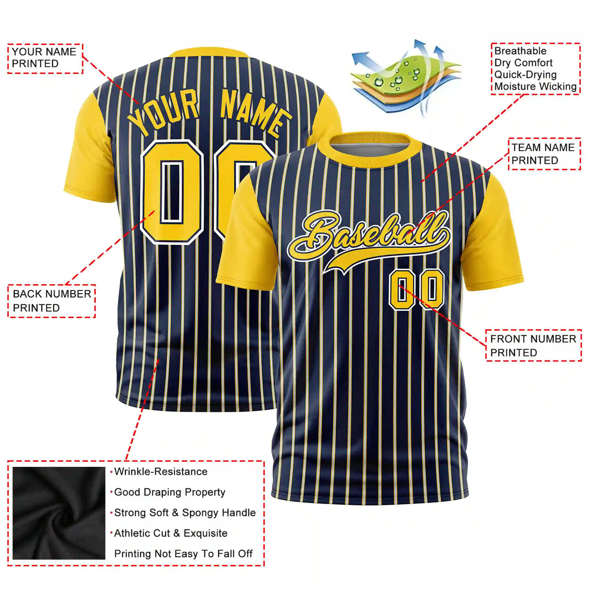 Custom Navy White-Gold01 Pinstripe Pattern Design Performance T-Shirt