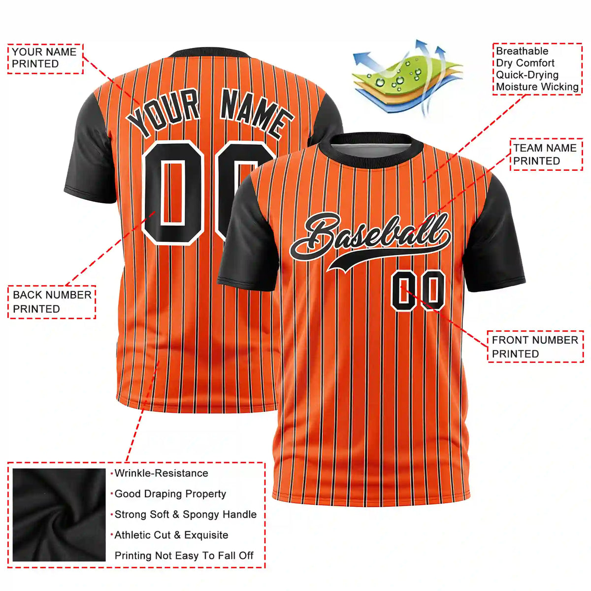 Custom Orange White-Black Pinstripe Pattern Design Performance T-Shirt