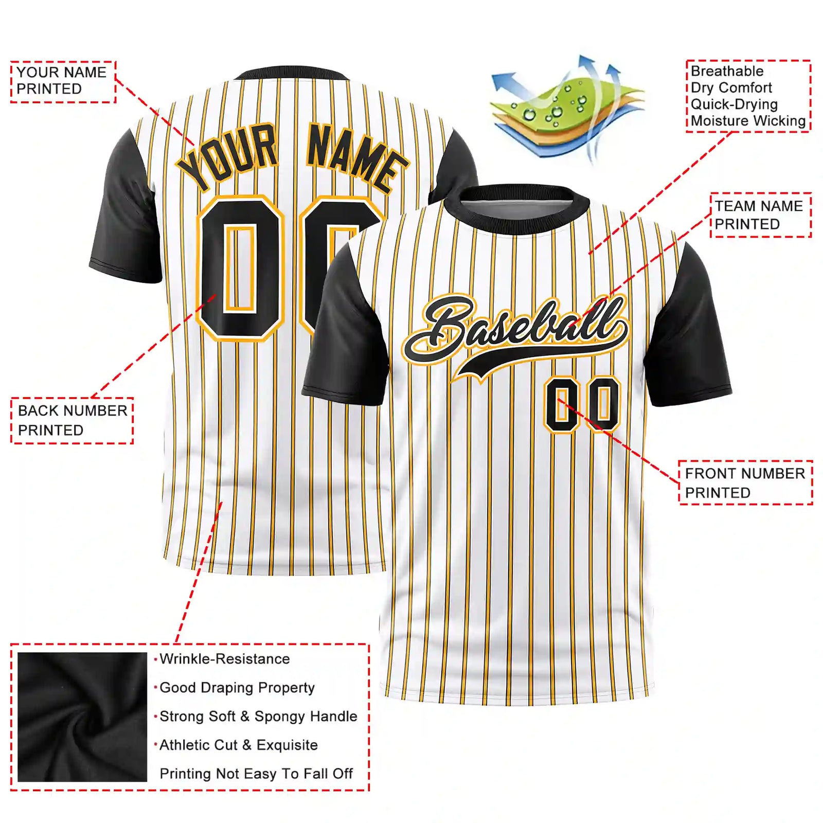 Custom White Yellow-Black Pinstripe Pattern Design Performance T-Shirt
