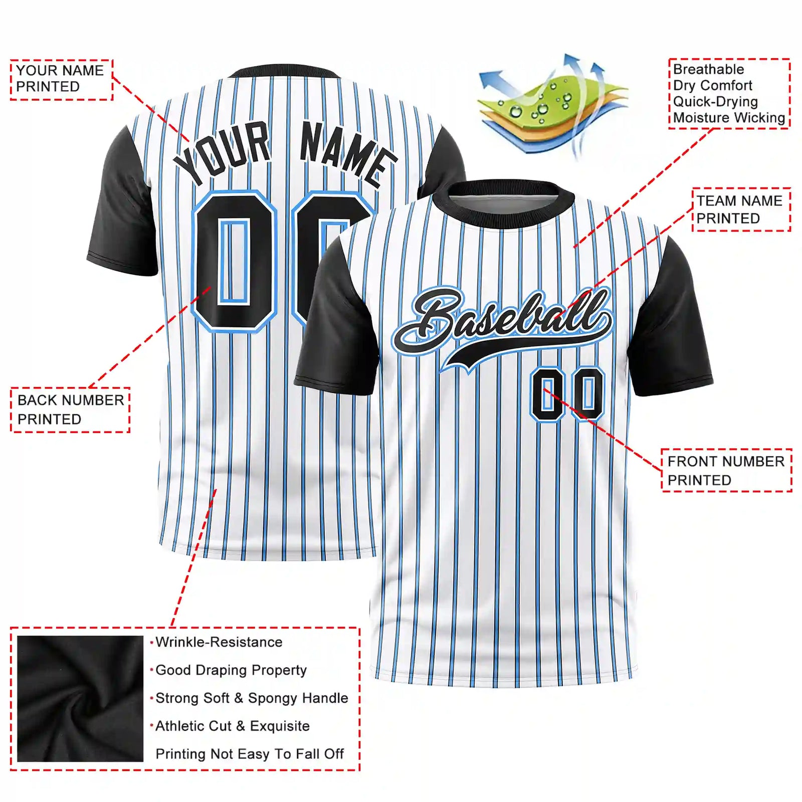 Custom White Powder Blue-Black Pinstripe Pattern Design Performance T-Shirt