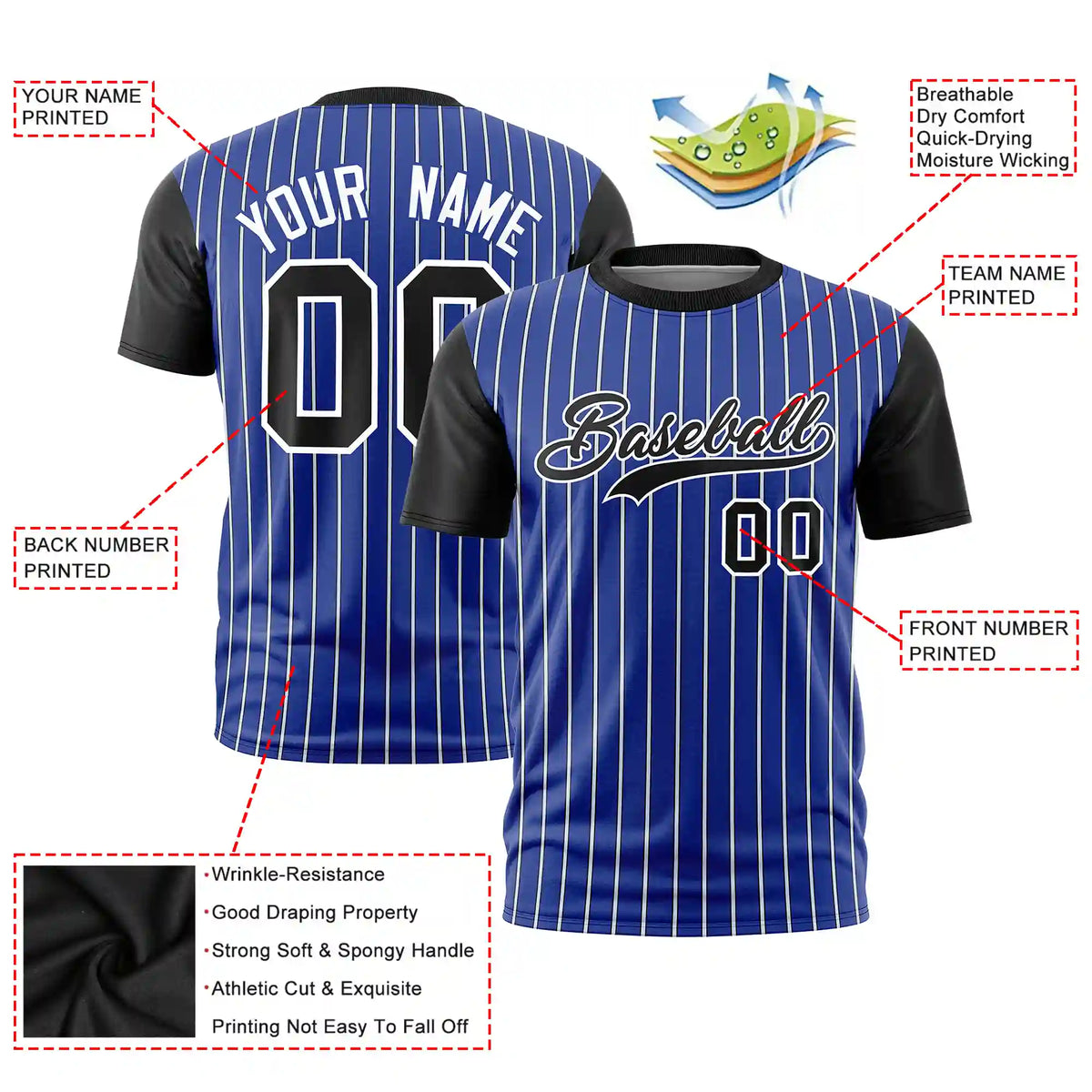 Custom Royal Blue White-Black Pinstripe Pattern Design Performance T-Shirt