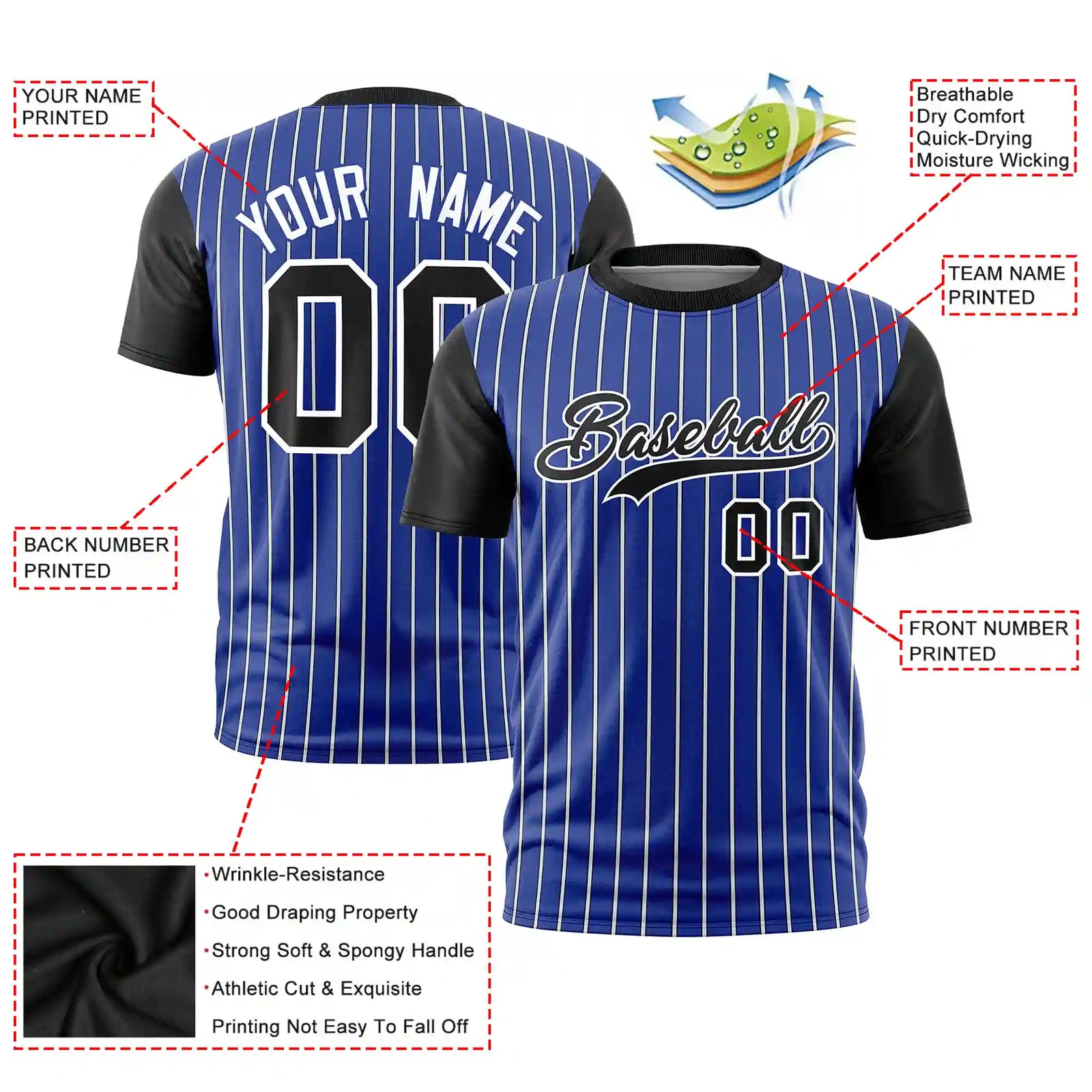 Custom Royal Blue White-Black Pinstripe Pattern Design Performance T-Shirt