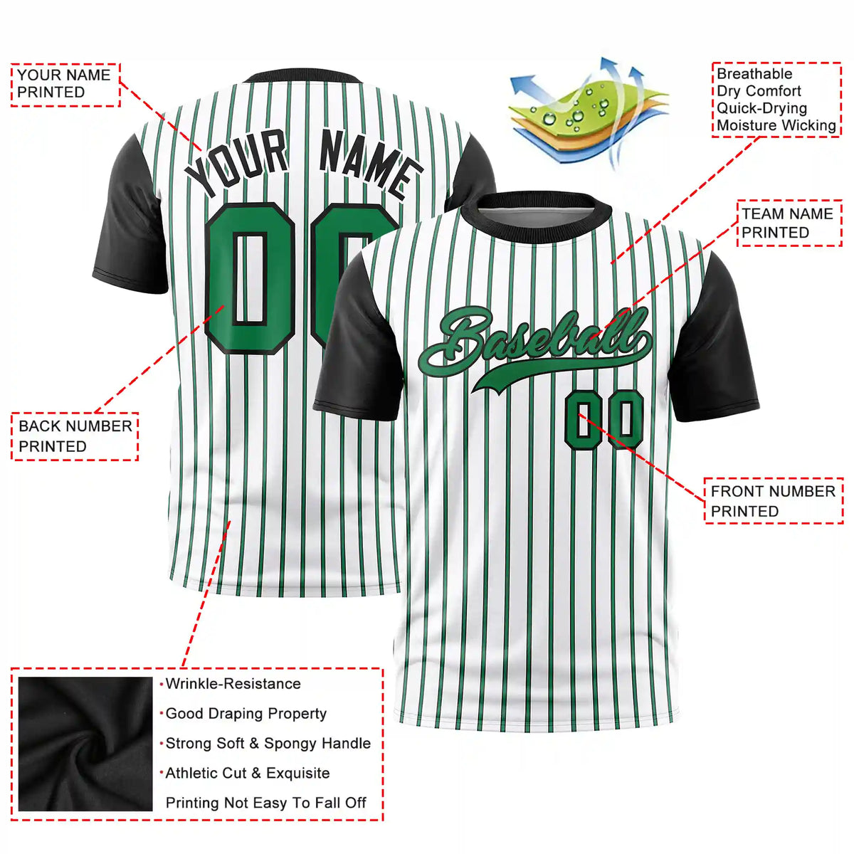 Custom White Kelly Green-Black Pinstripe Pattern Design Performance T-Shirt