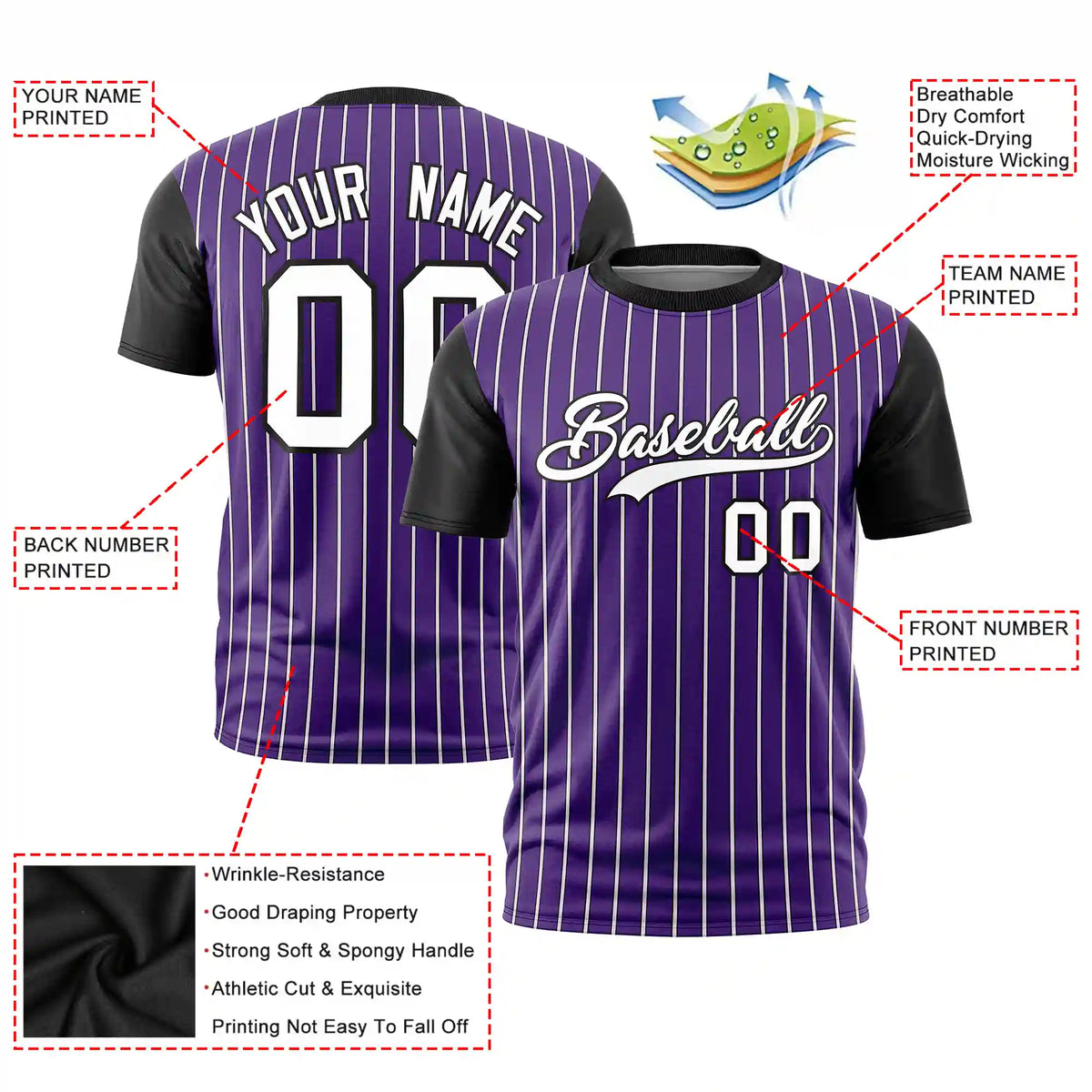 Custom Purple White-Black Pinstripe Pattern Design Performance T-Shirt