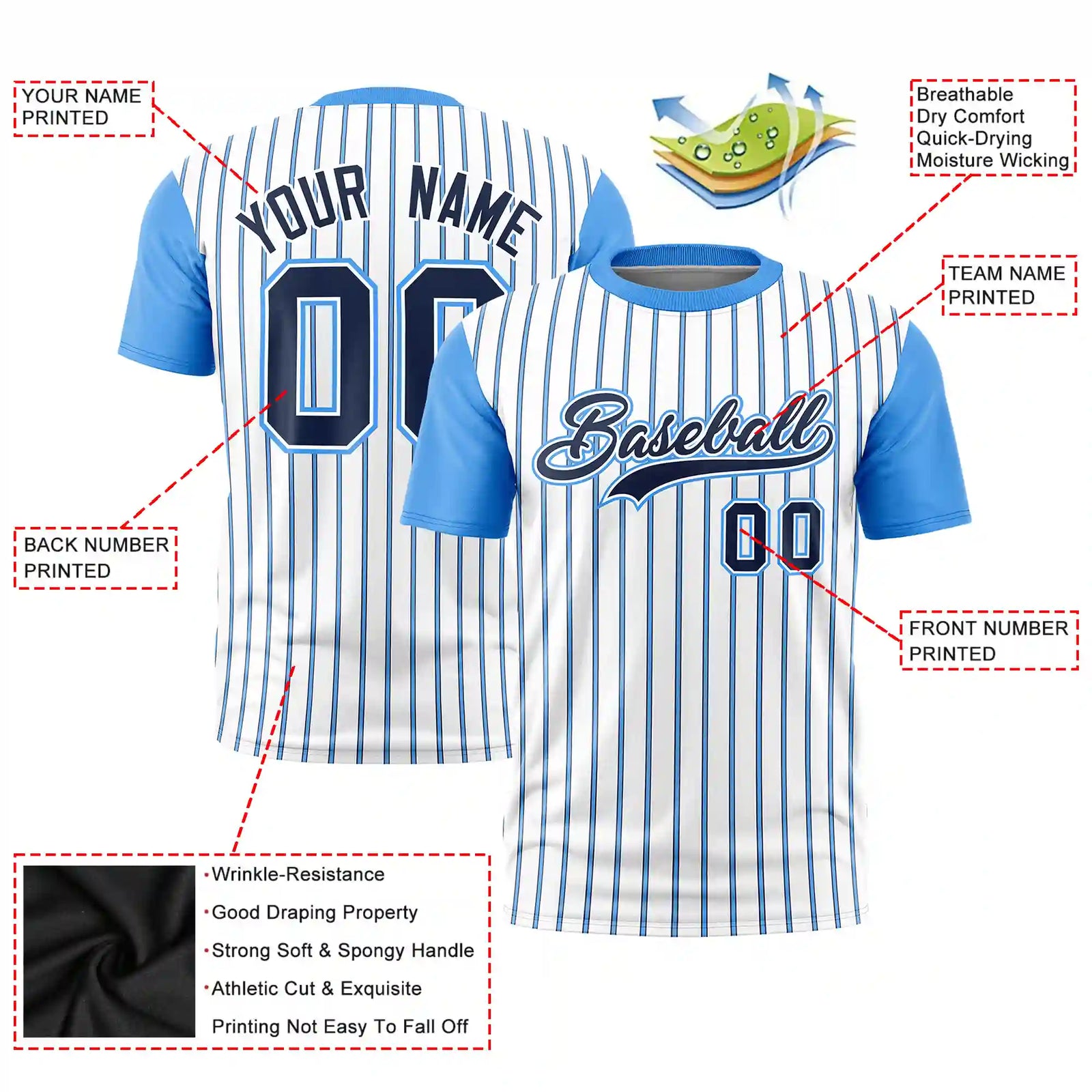 Custom White Navy-Powder Blue Pinstripe Pattern Design Performance T-Shirt
