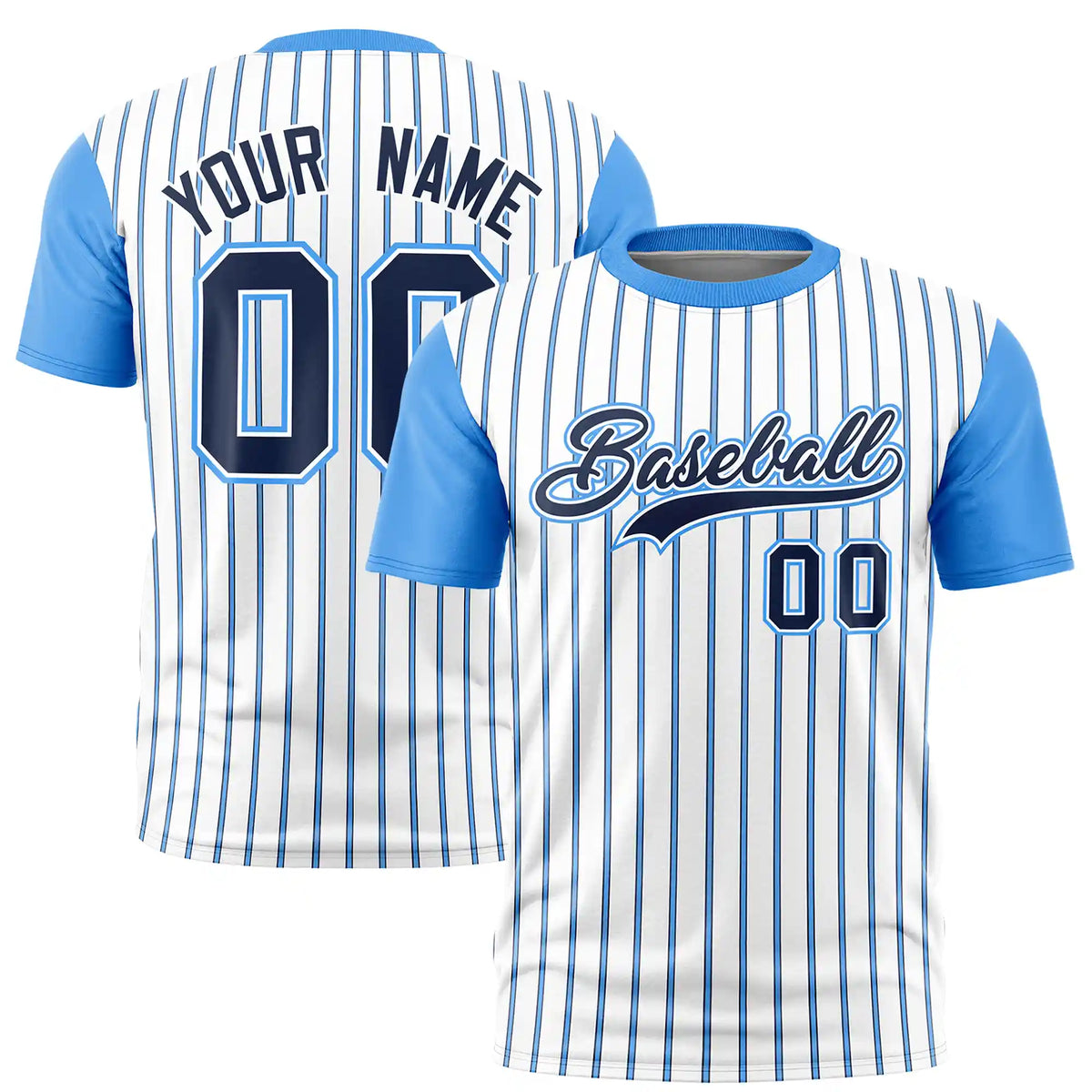 Custom White Navy-Powder Blue Pinstripe Pattern Design Performance T-Shirt
