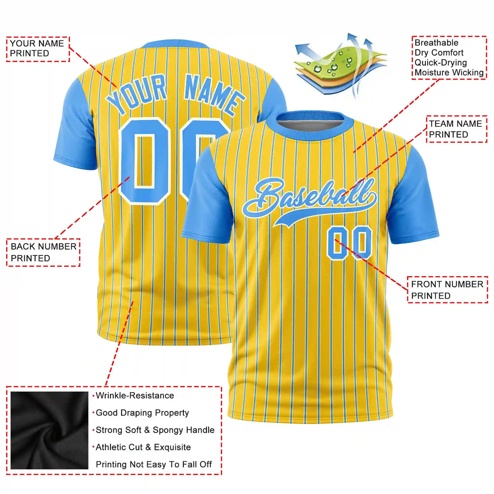 Custom Gold01 White-Powder Blue Pinstripe Pattern Design Performance T-Shirt