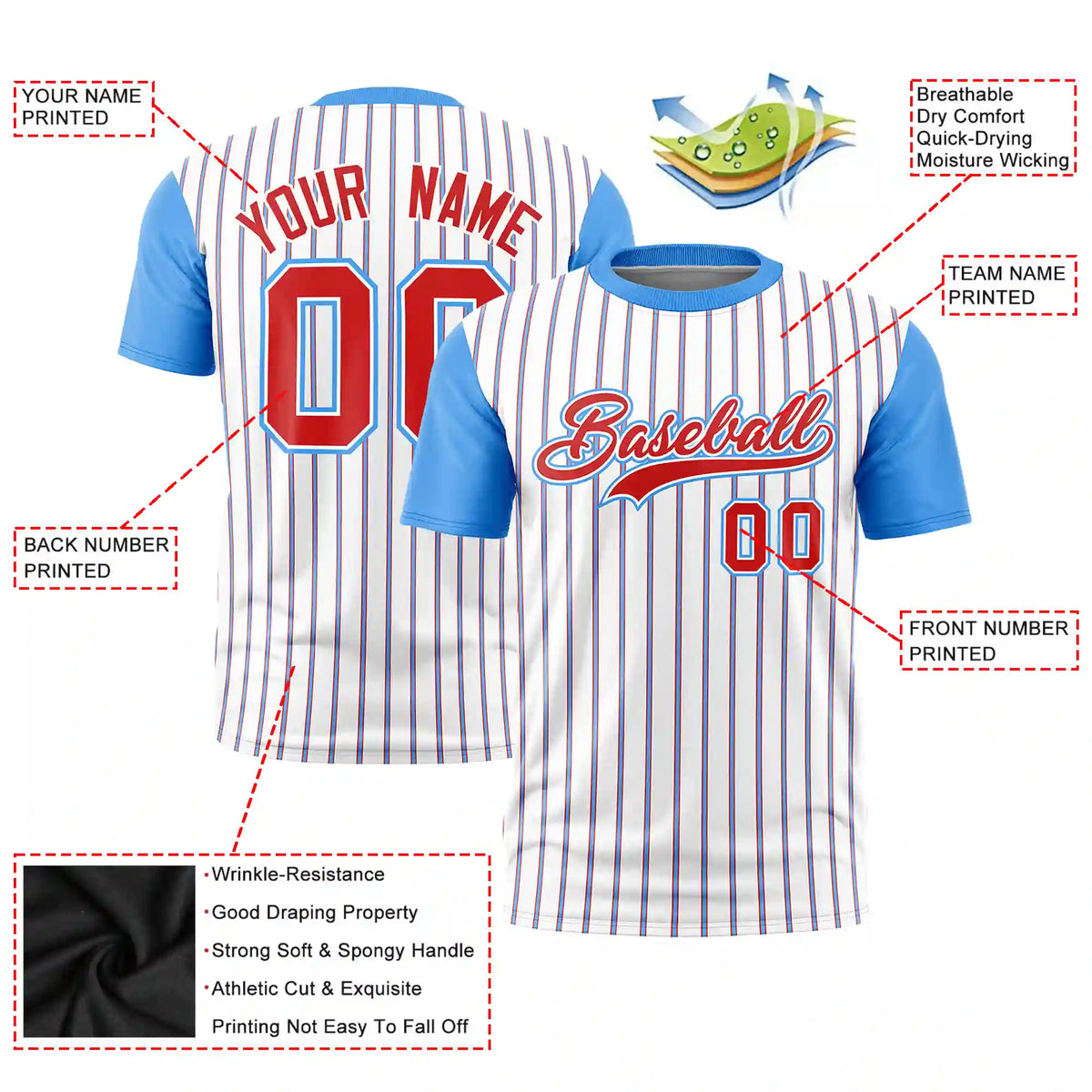 Custom White Red-Powder Blue Pinstripe Pattern Design Performance T-Shirt