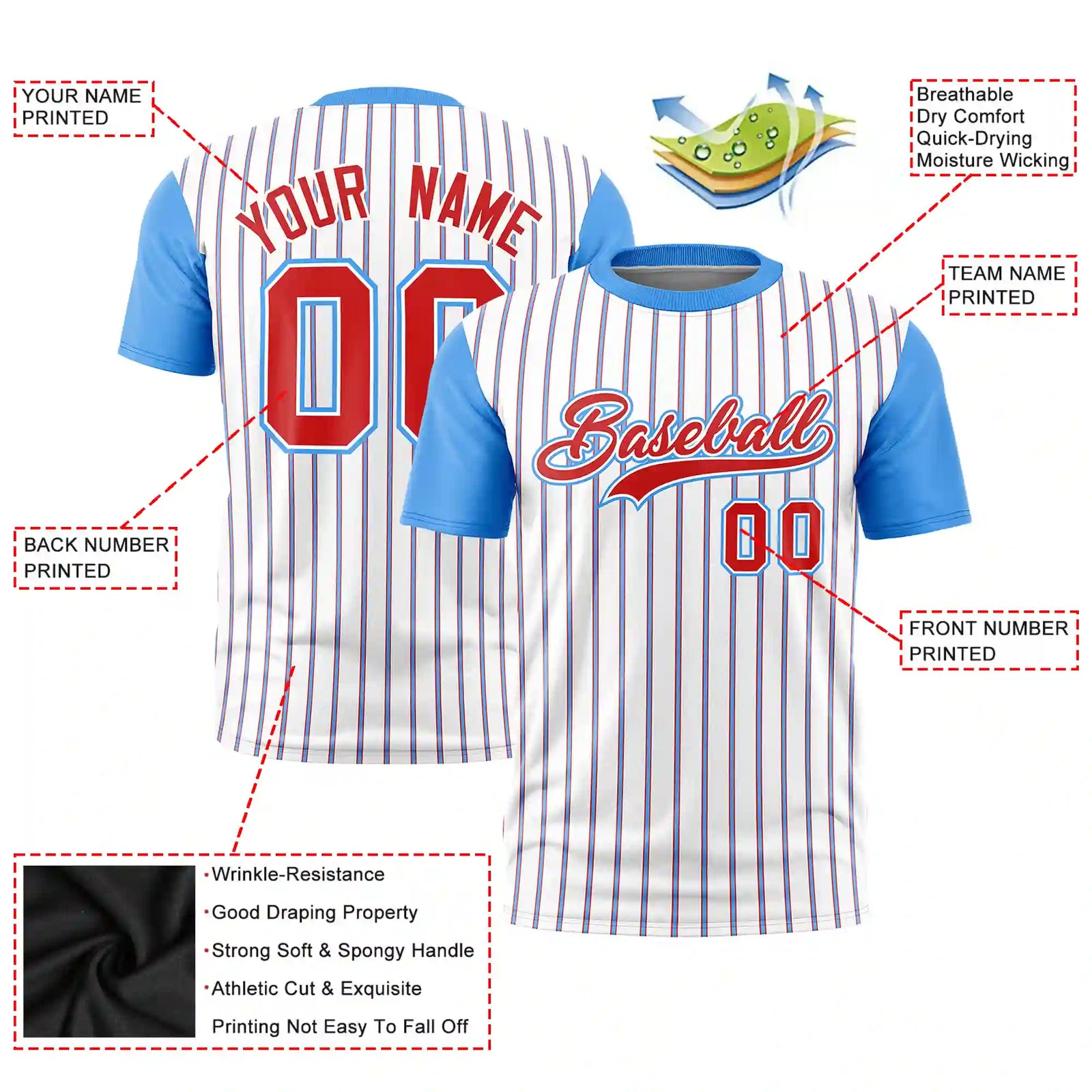 Custom White Red-Powder Blue Pinstripe Pattern Design Performance T-Shirt