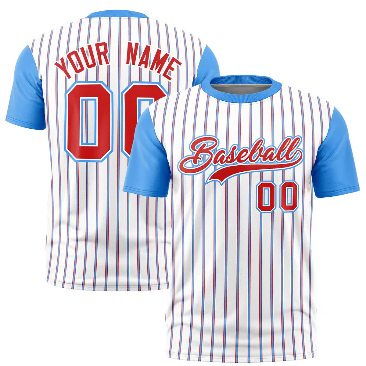 Custom White Red-Powder Blue Pinstripe Pattern Design Performance T-Shirt