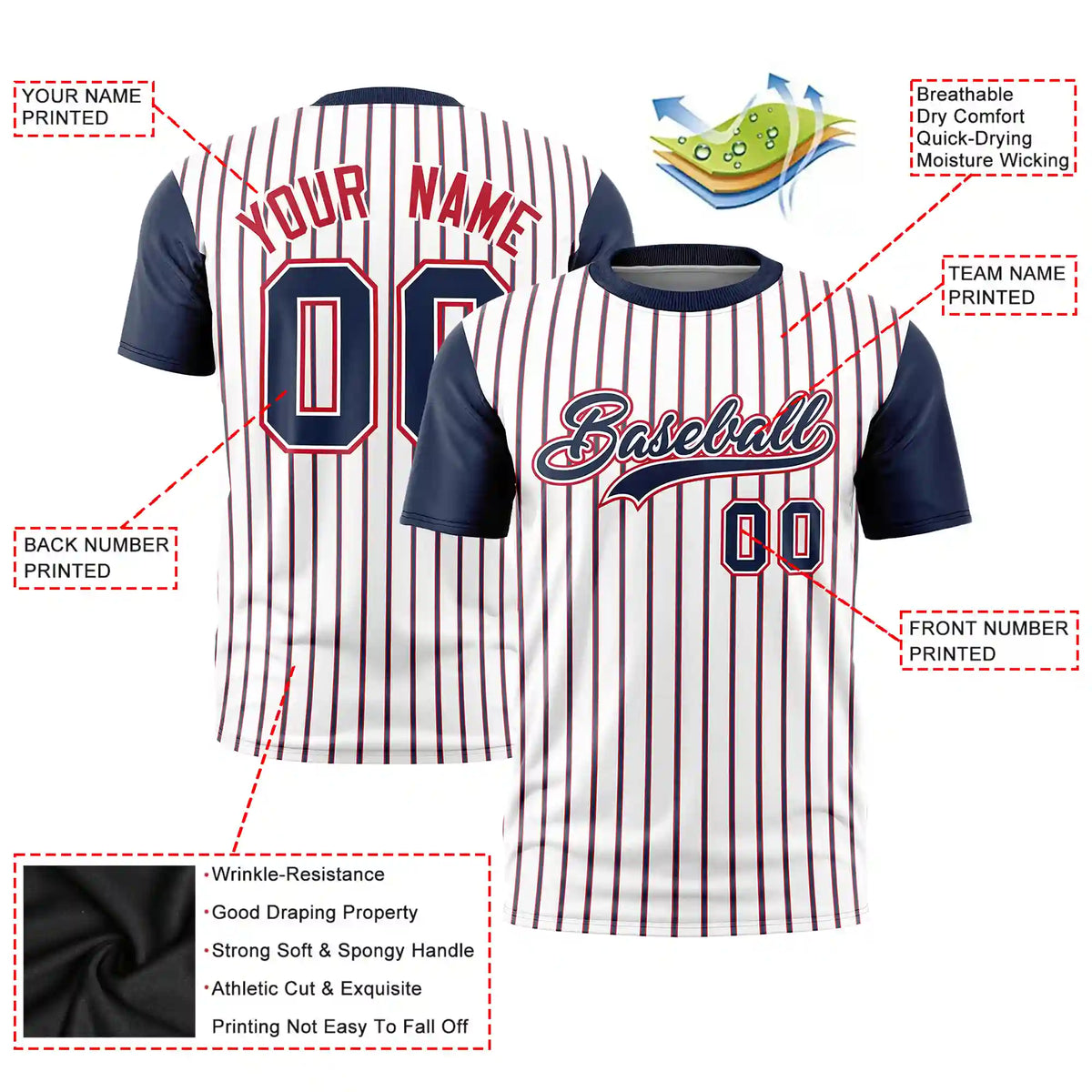 Custom White Red-Navy Pinstripe Pattern Design Performance T-Shirt
