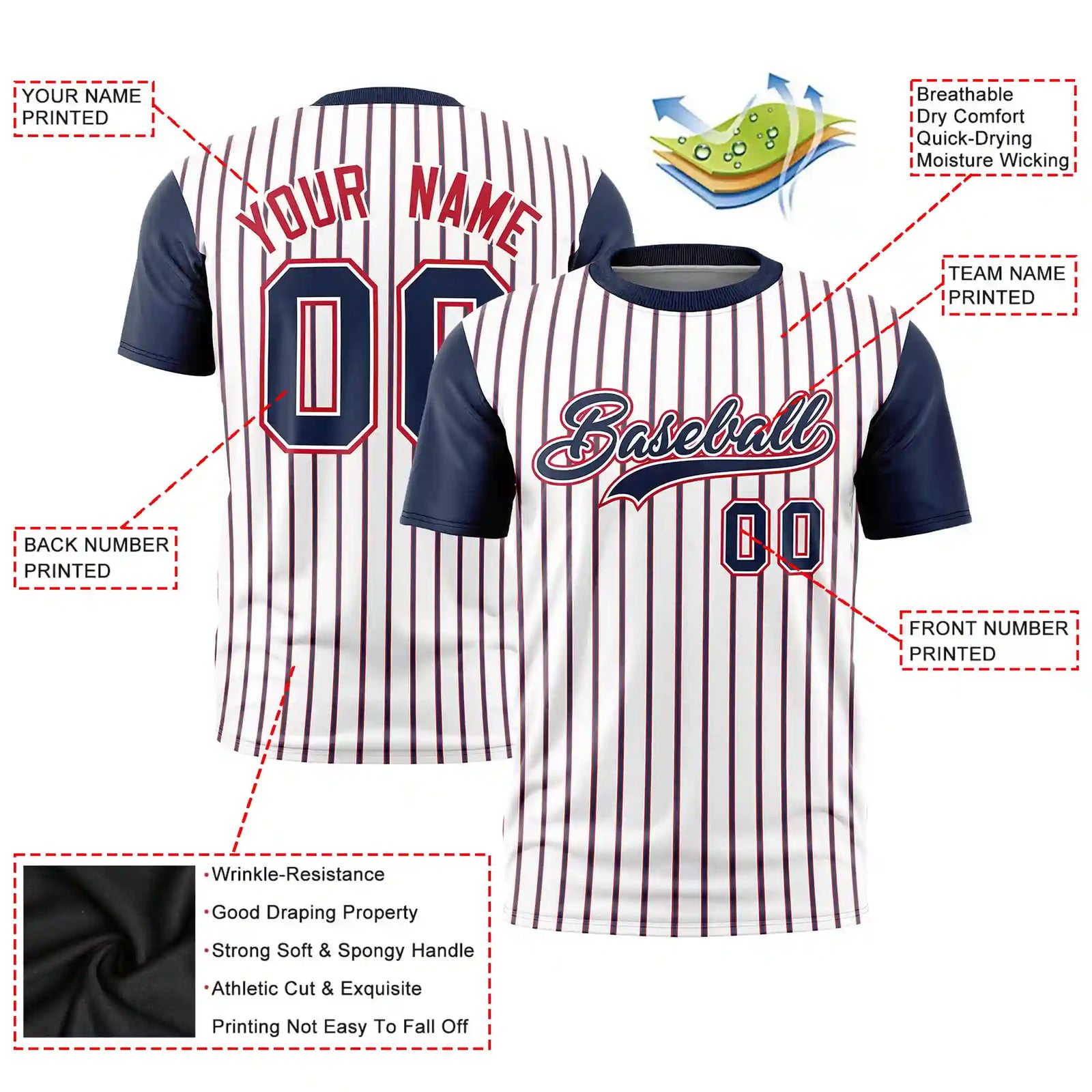 Custom White Red-Navy Pinstripe Pattern Design Performance T-Shirt