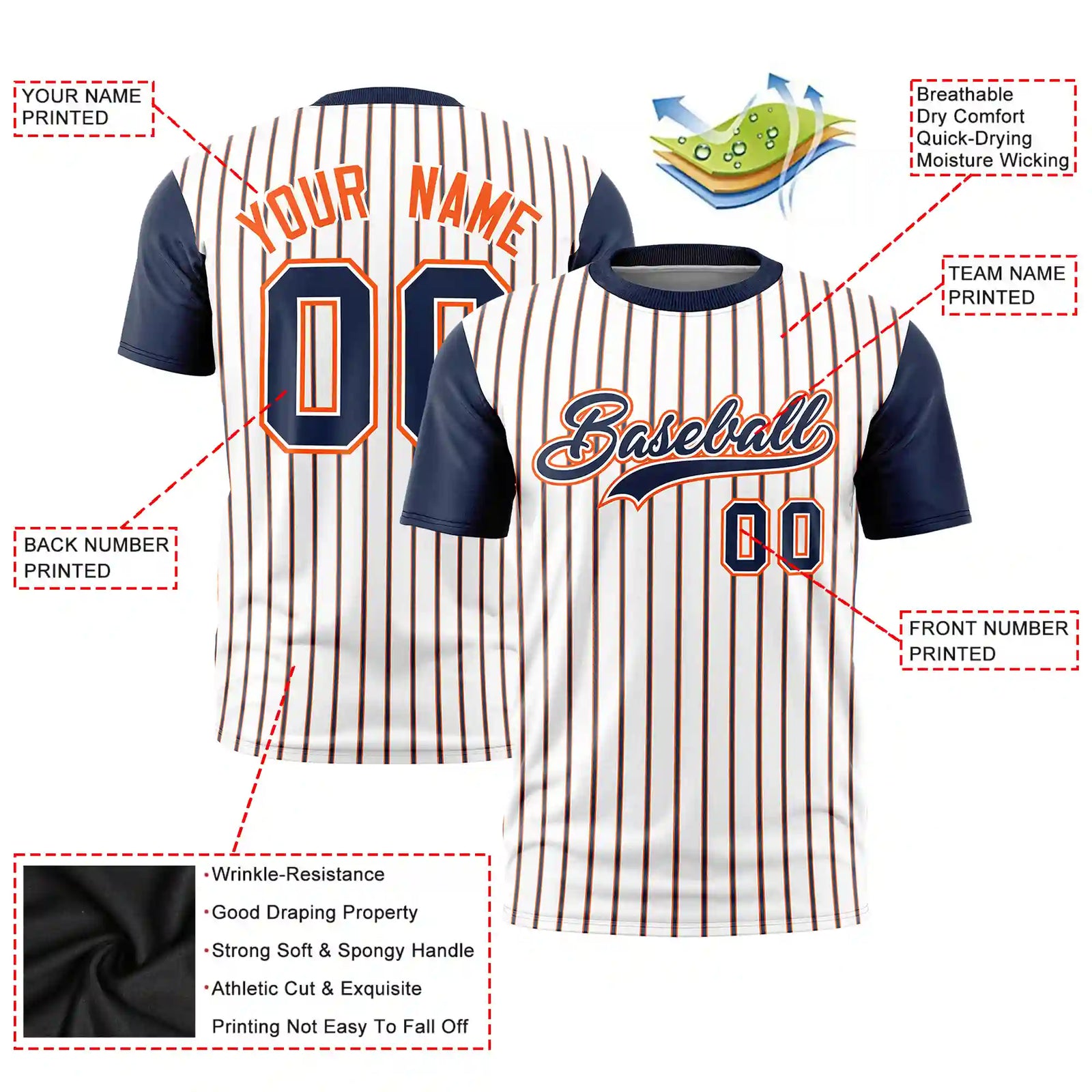 Custom White Orange-Navy Pinstripe Pattern Design Performance T-Shirt
