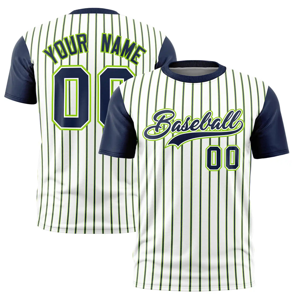 Custom White Neon Green-Navy Pinstripe Pattern Design Performance T-Shirt