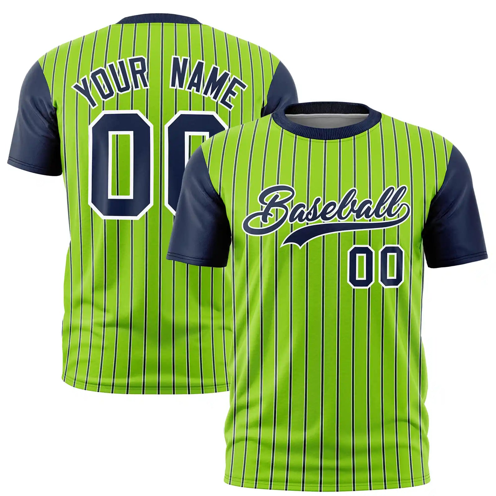 Custom Neon Green White-Navy Pinstripe Pattern Design Performance T-Shirt