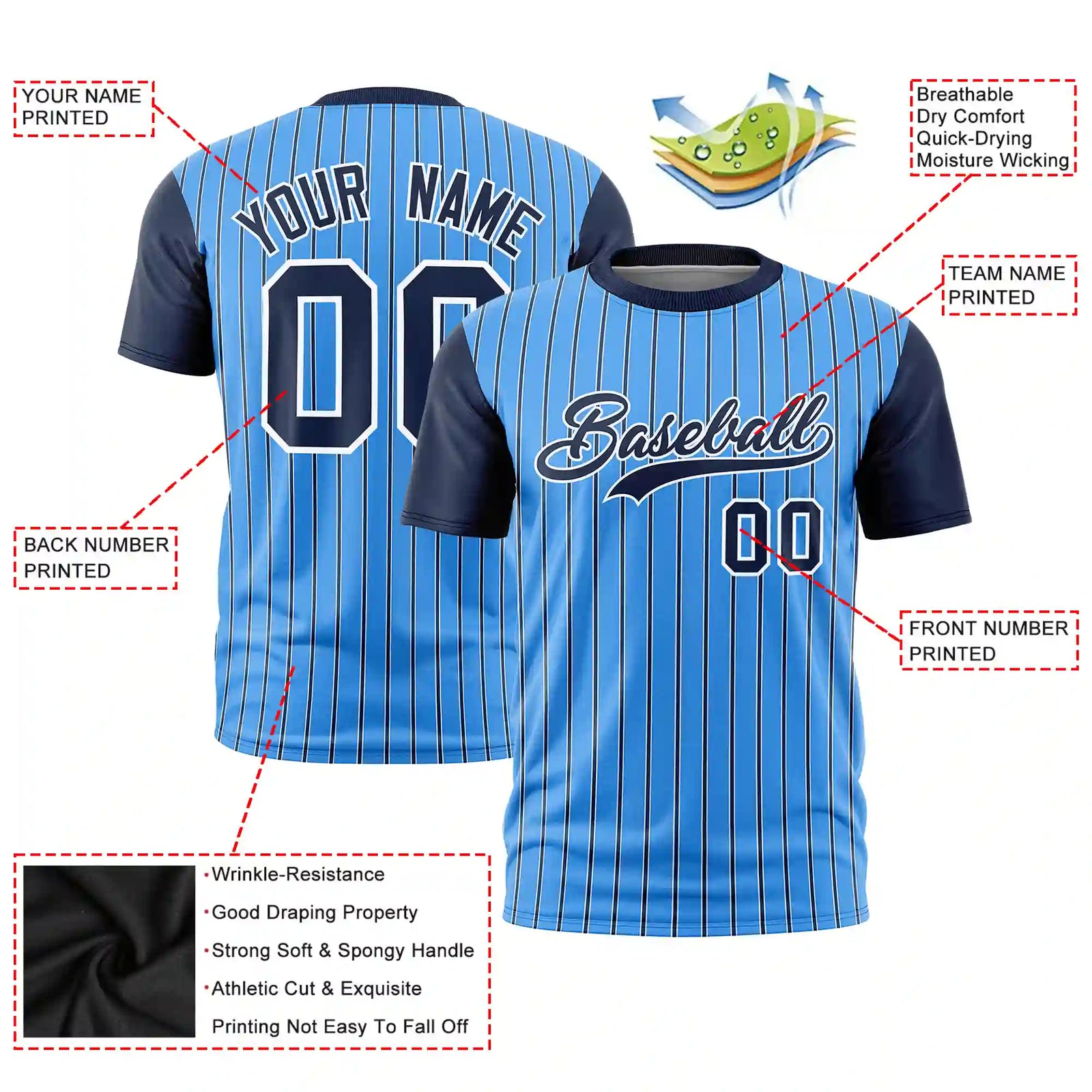 Custom Powder Blue White-Navy Pinstripe Pattern Design Performance T-Shirt