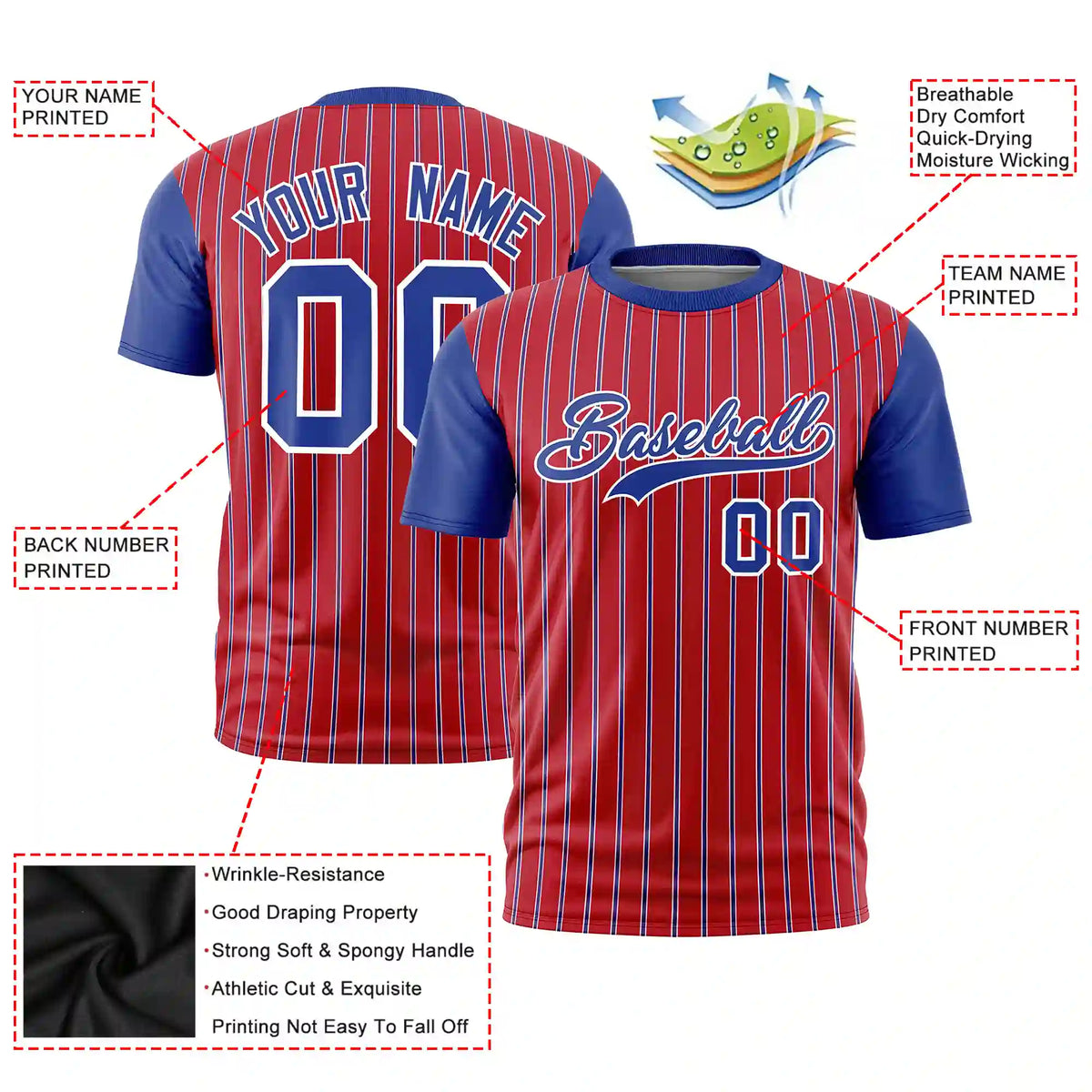 Custom Red White-Royal Blue Pinstripe Pattern Design Performance T-Shirt