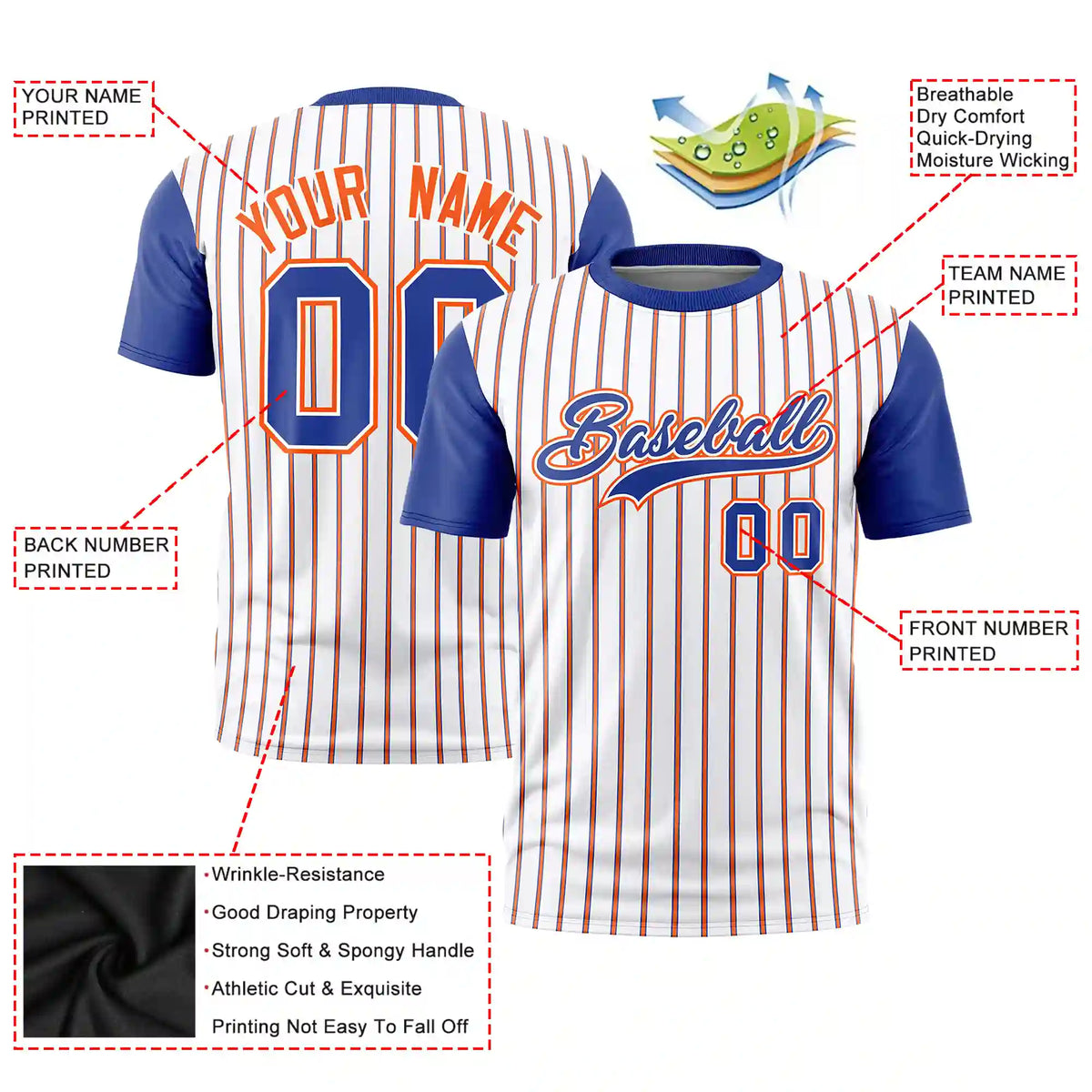 Custom White Orange-Royal Blue Pinstripe Pattern Design Performance T-Shirt