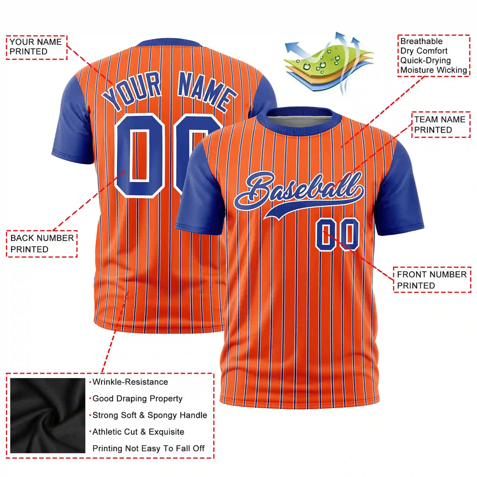 Custom Orange White-Royal Blue Pinstripe Pattern Design Performance T-Shirt