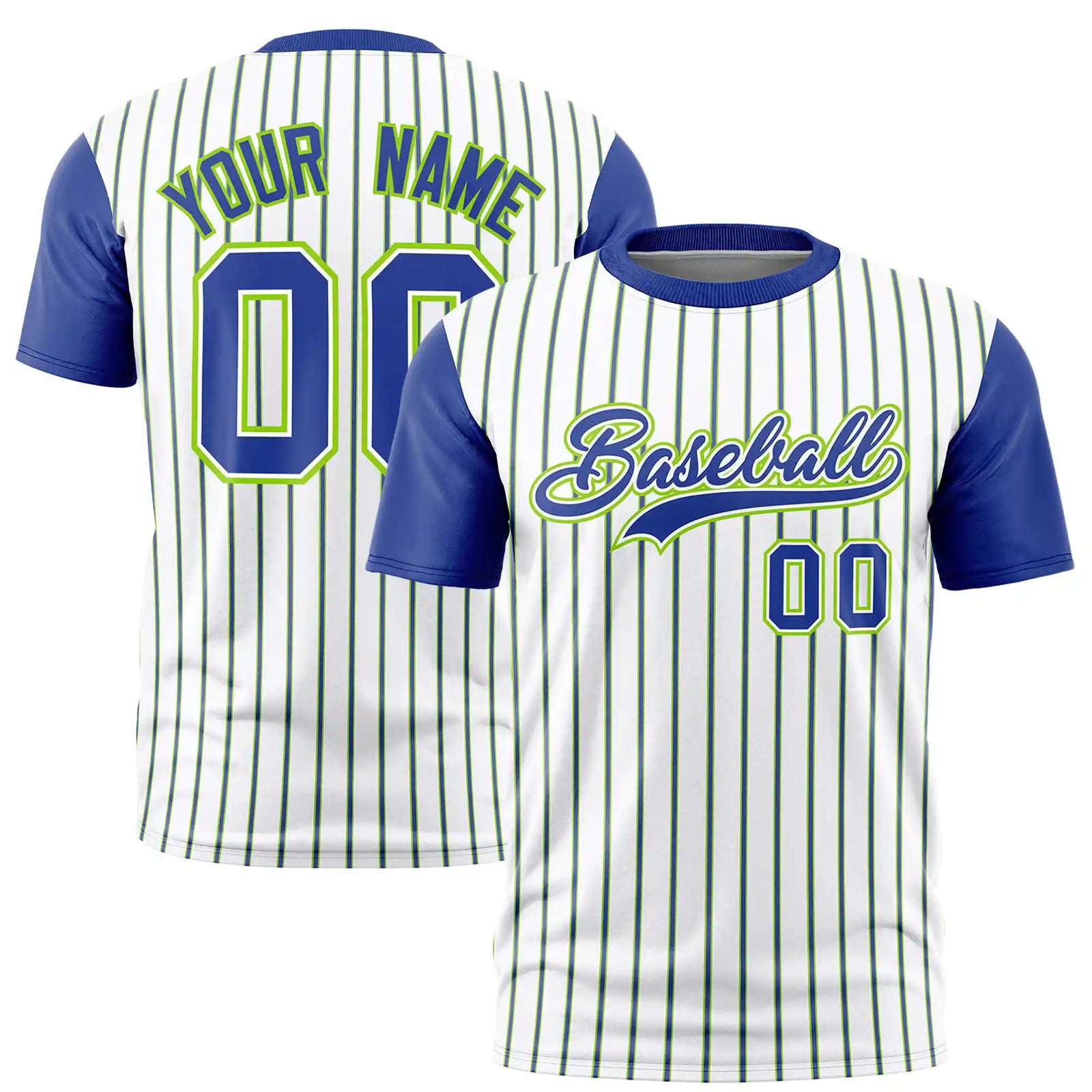 Custom White Neon Green-Royal Blue Pinstripe Pattern Design Performance T-Shirt